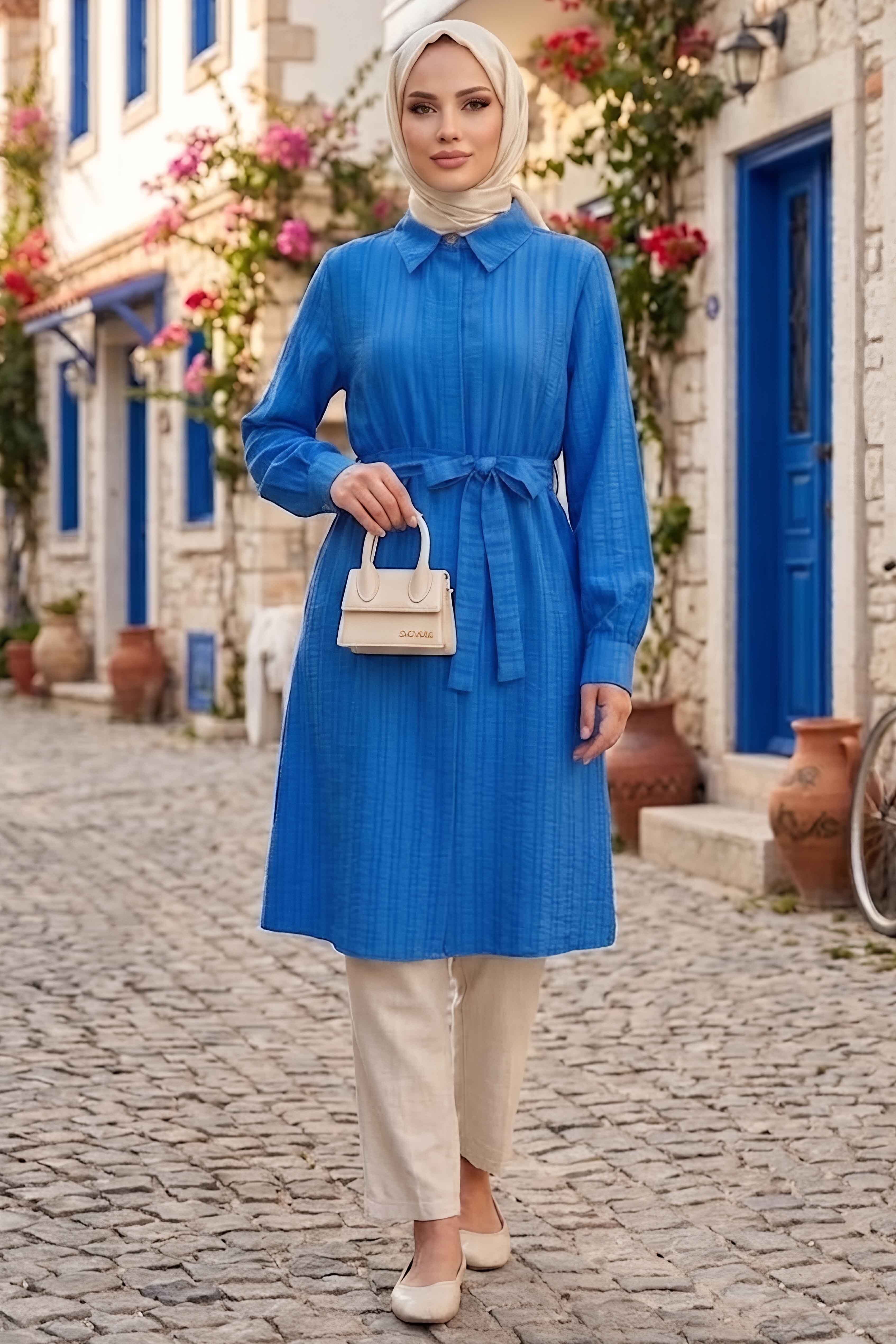 Önde Bağcık Detaylı Tunik Saks - 28831-SAKS - 2
