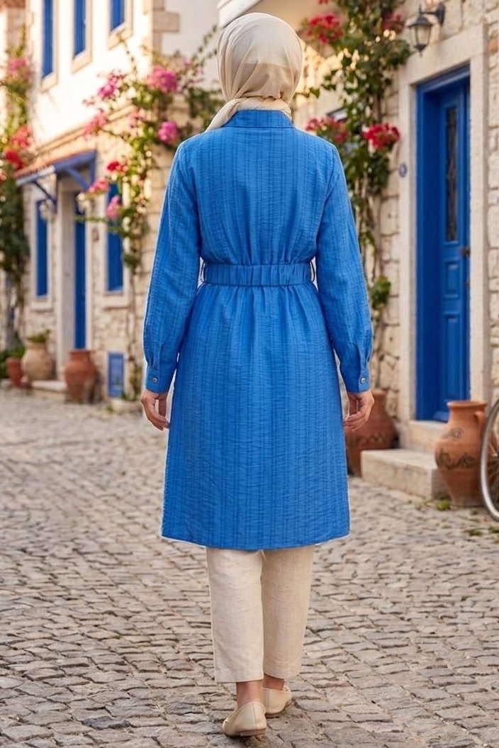Önde Bağcık Detaylı Tunik Saks - 28831-SAKS - 4