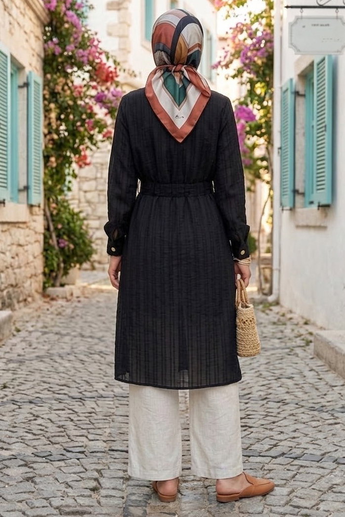 Önde Bağcık Detaylı Tunik Siyah - 28831-SIYAH - 3
