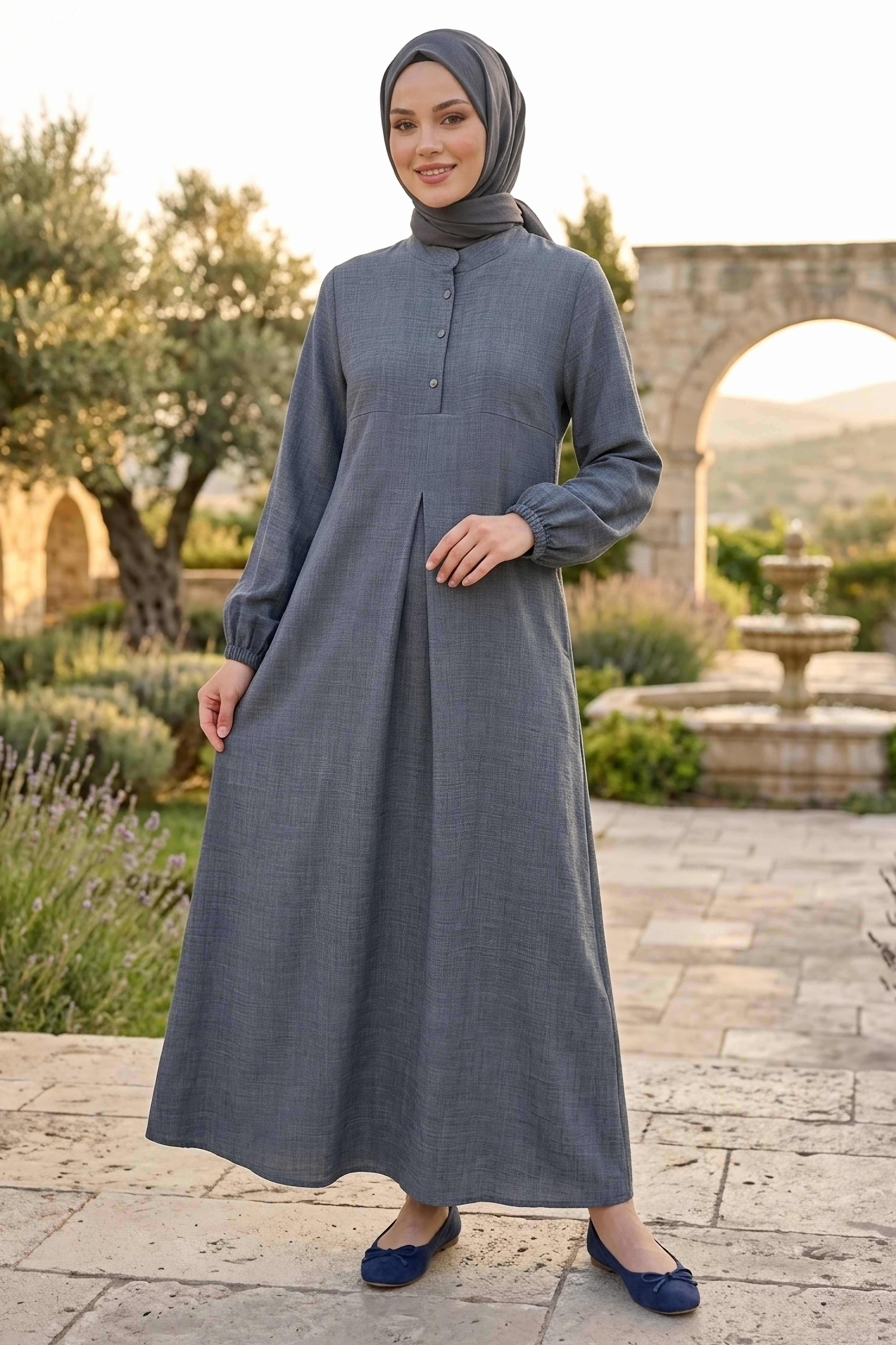 Önde Pile Detaylı Düğmeli Elbise - 1303-ANTRASIT - 1