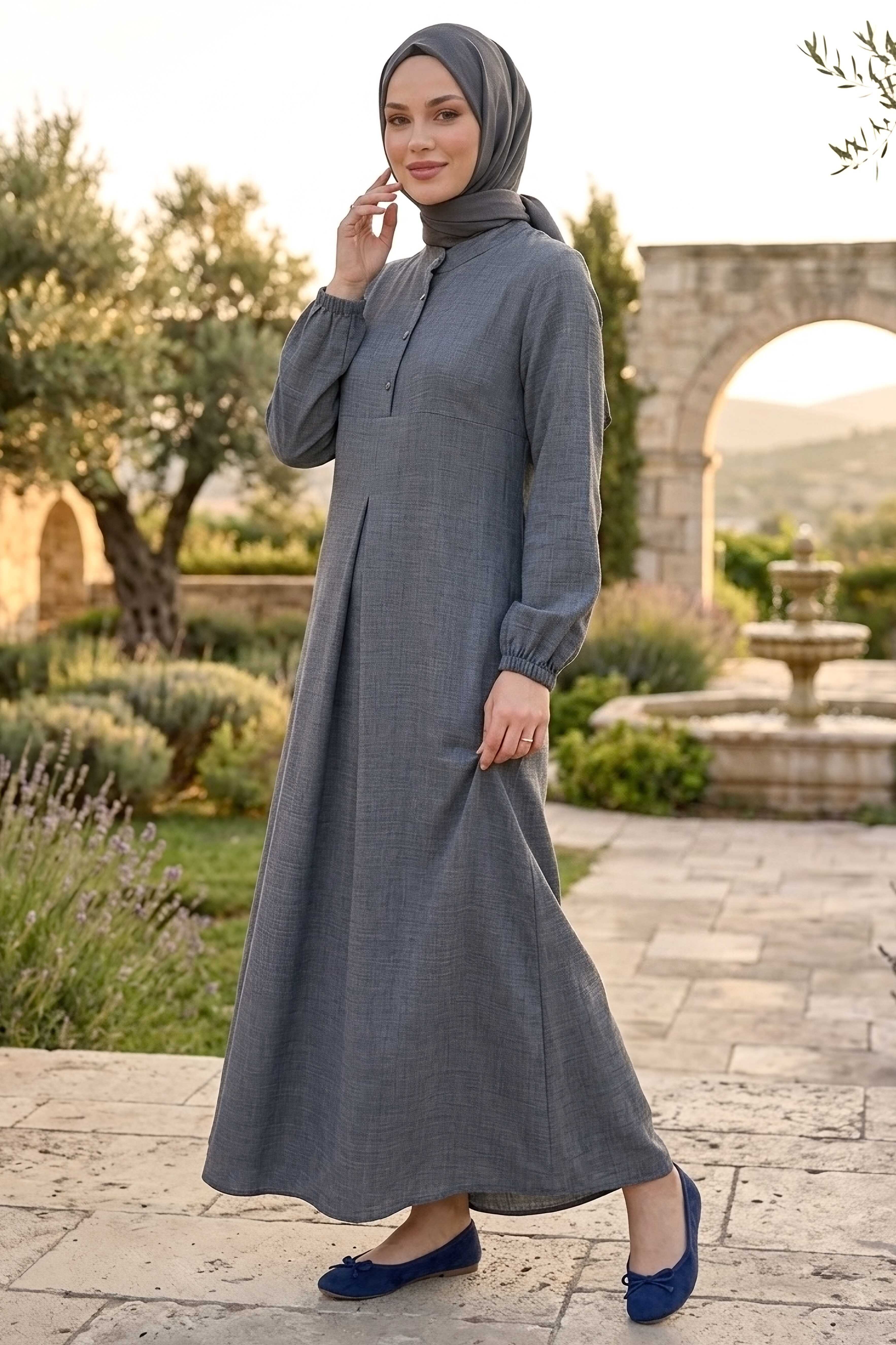 Önde Pile Detaylı Düğmeli Elbise - 1303-ANTRASIT - 2