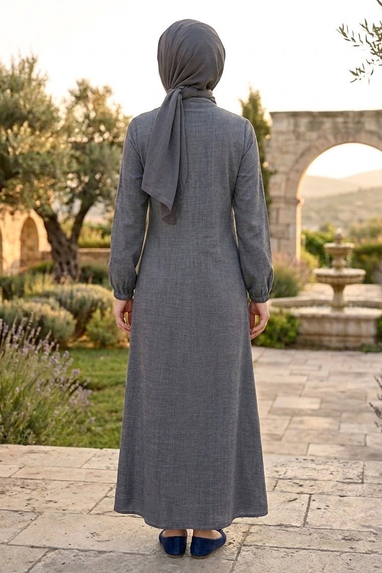 Önde Pile Detaylı Düğmeli Elbise - 1303-ANTRASIT - 3