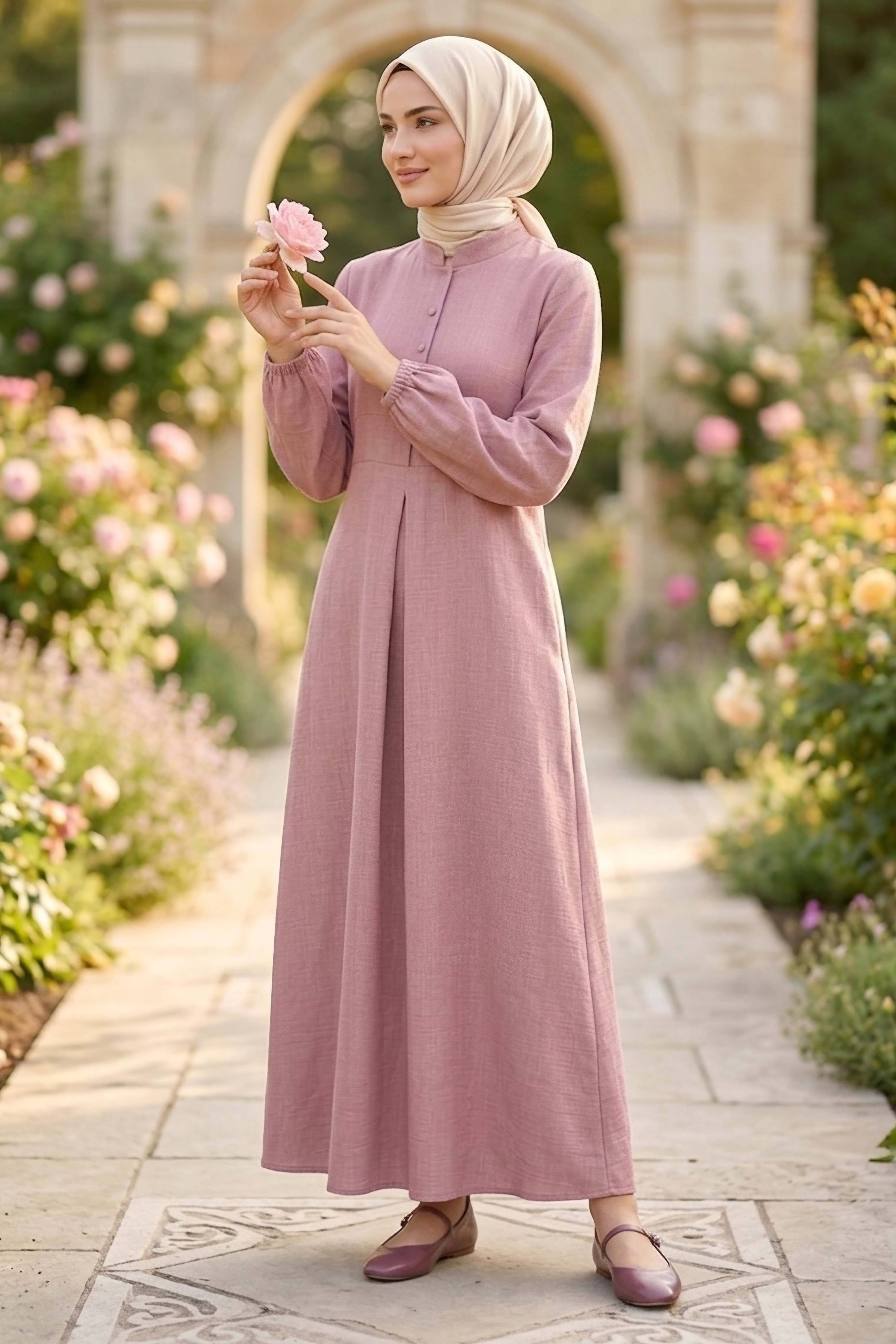 Önde Pile Detaylı Düğmeli Elbise - 1303-GUL-KURUSU - 1