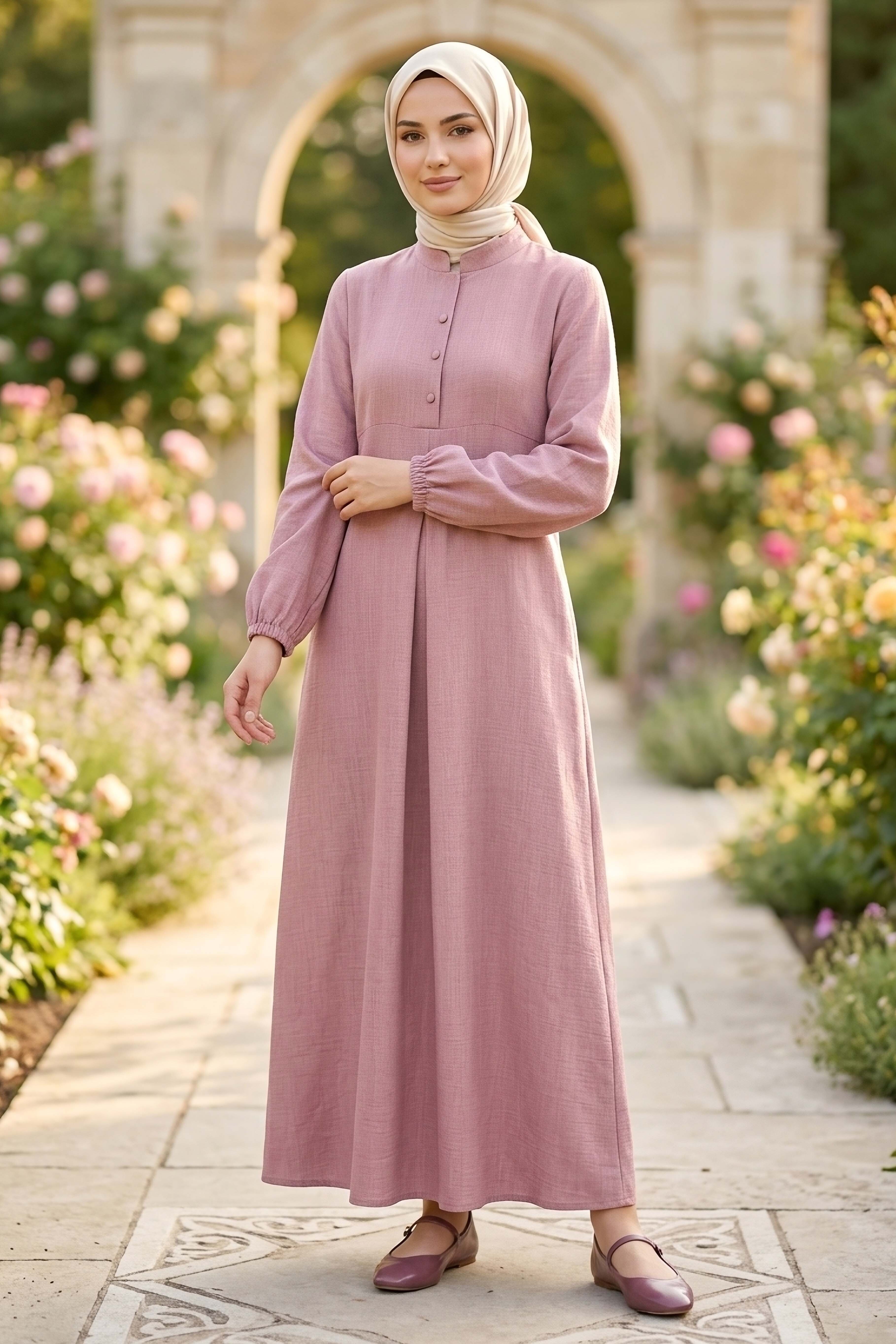 Önde Pile Detaylı Düğmeli Elbise - 1303-GUL-KURUSU - 2