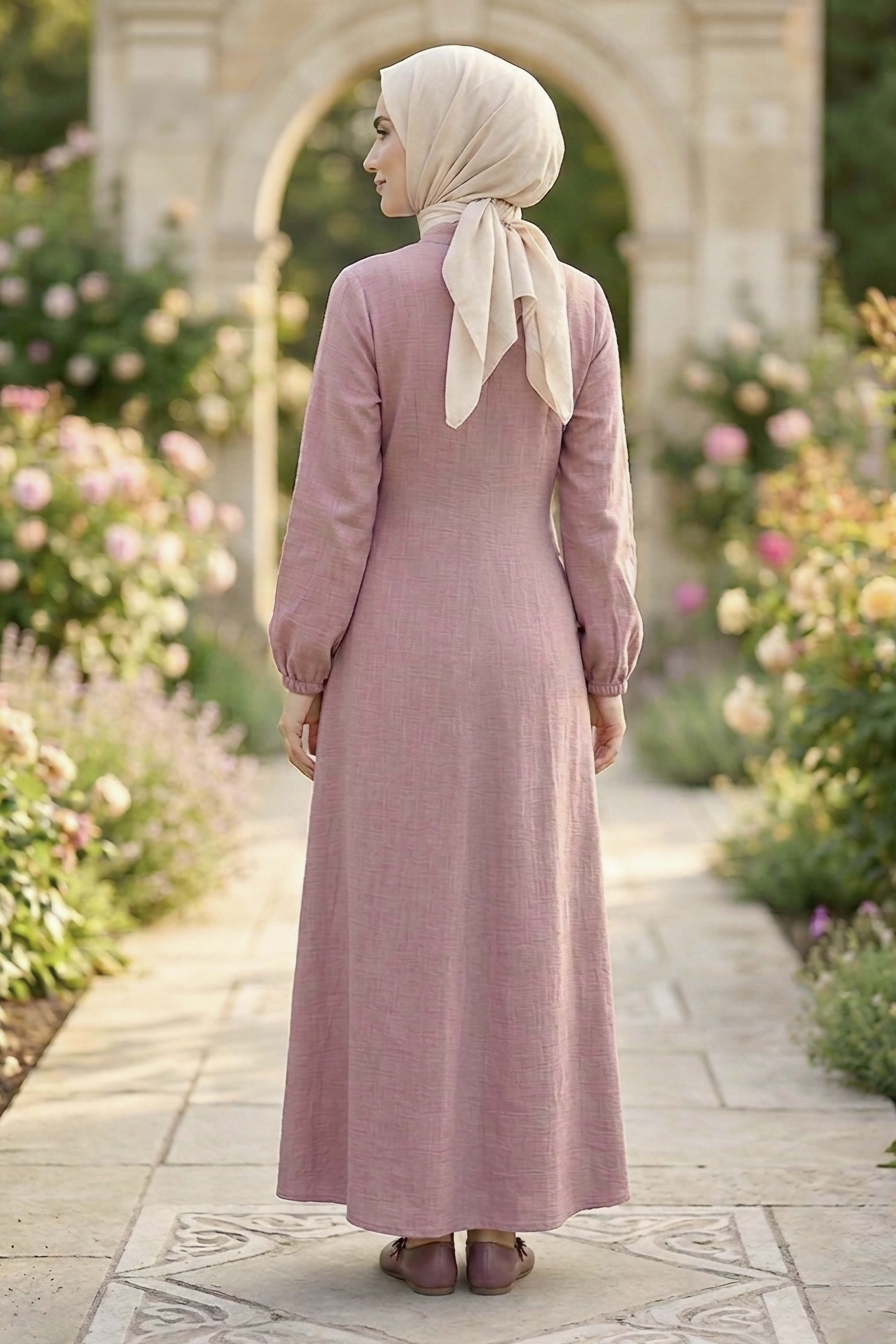 Önde Pile Detaylı Düğmeli Elbise - 1303-GUL-KURUSU - 3