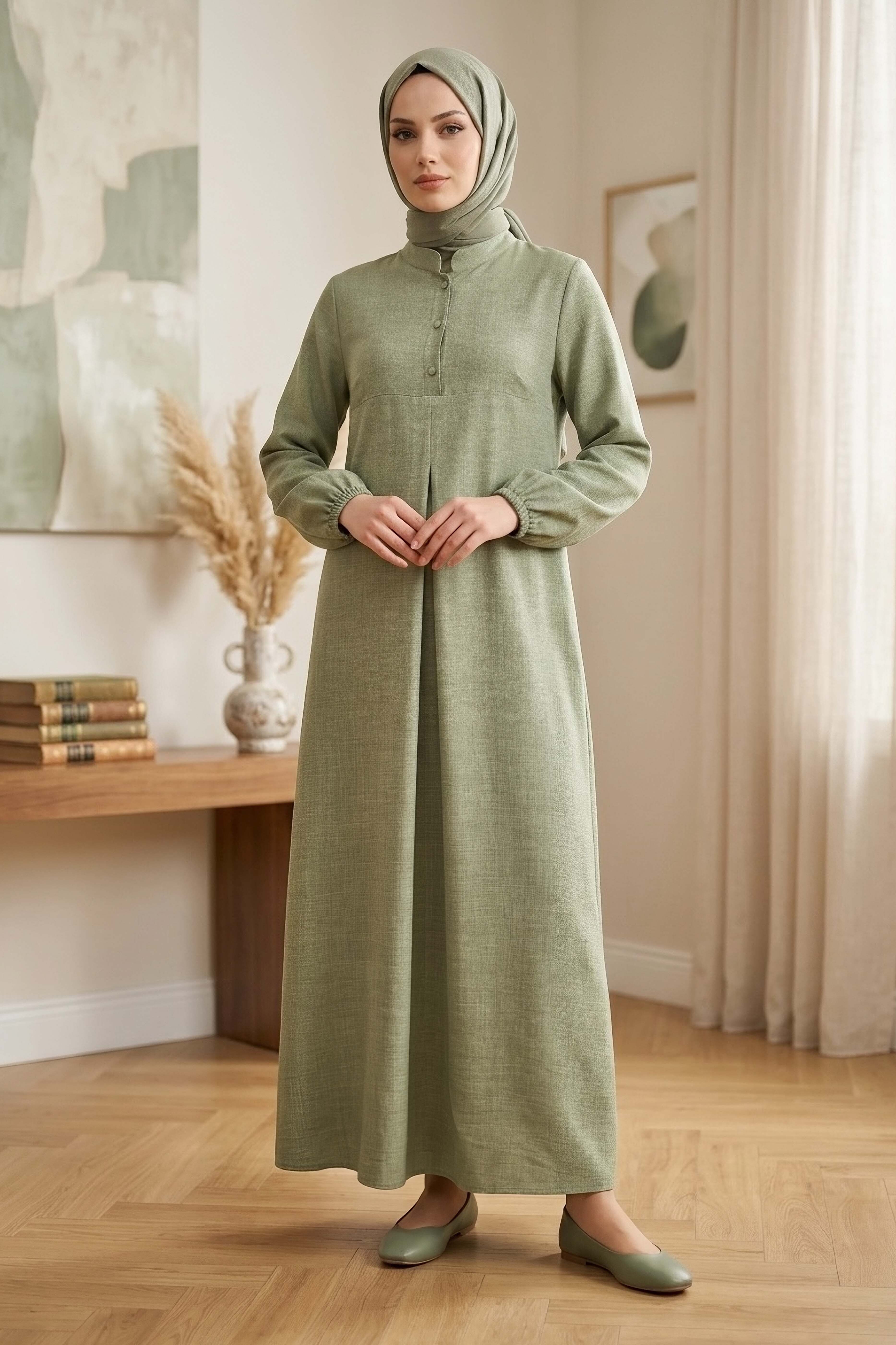 Önde Pile Detaylı Düğmeli Elbise - 1303-HAKI - 1