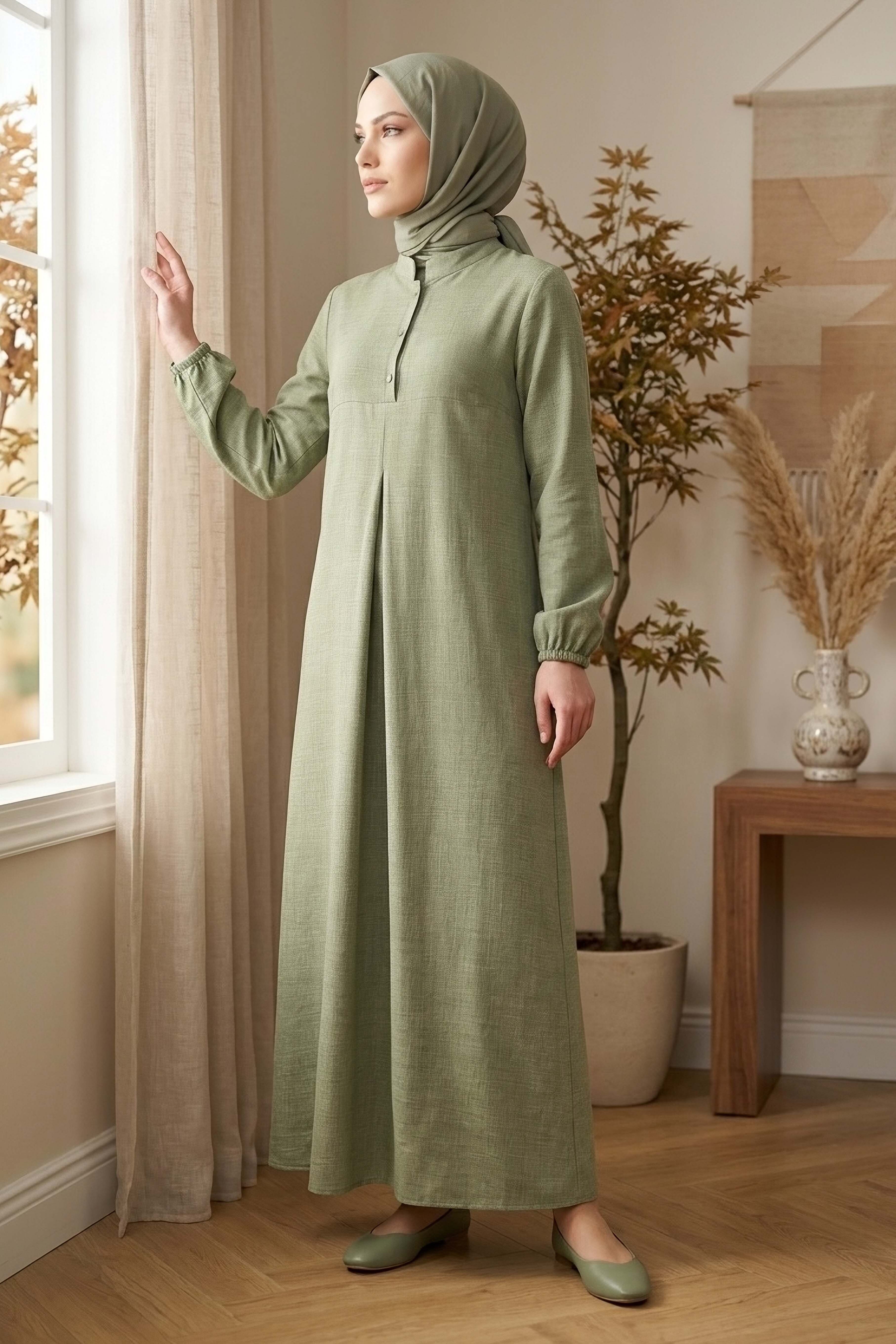 Önde Pile Detaylı Düğmeli Elbise - 1303-HAKI - 2