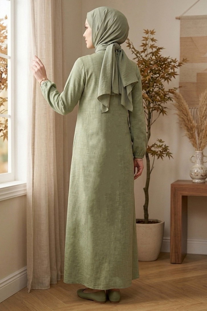 Önde Pile Detaylı Düğmeli Elbise - 1303-HAKI - 3