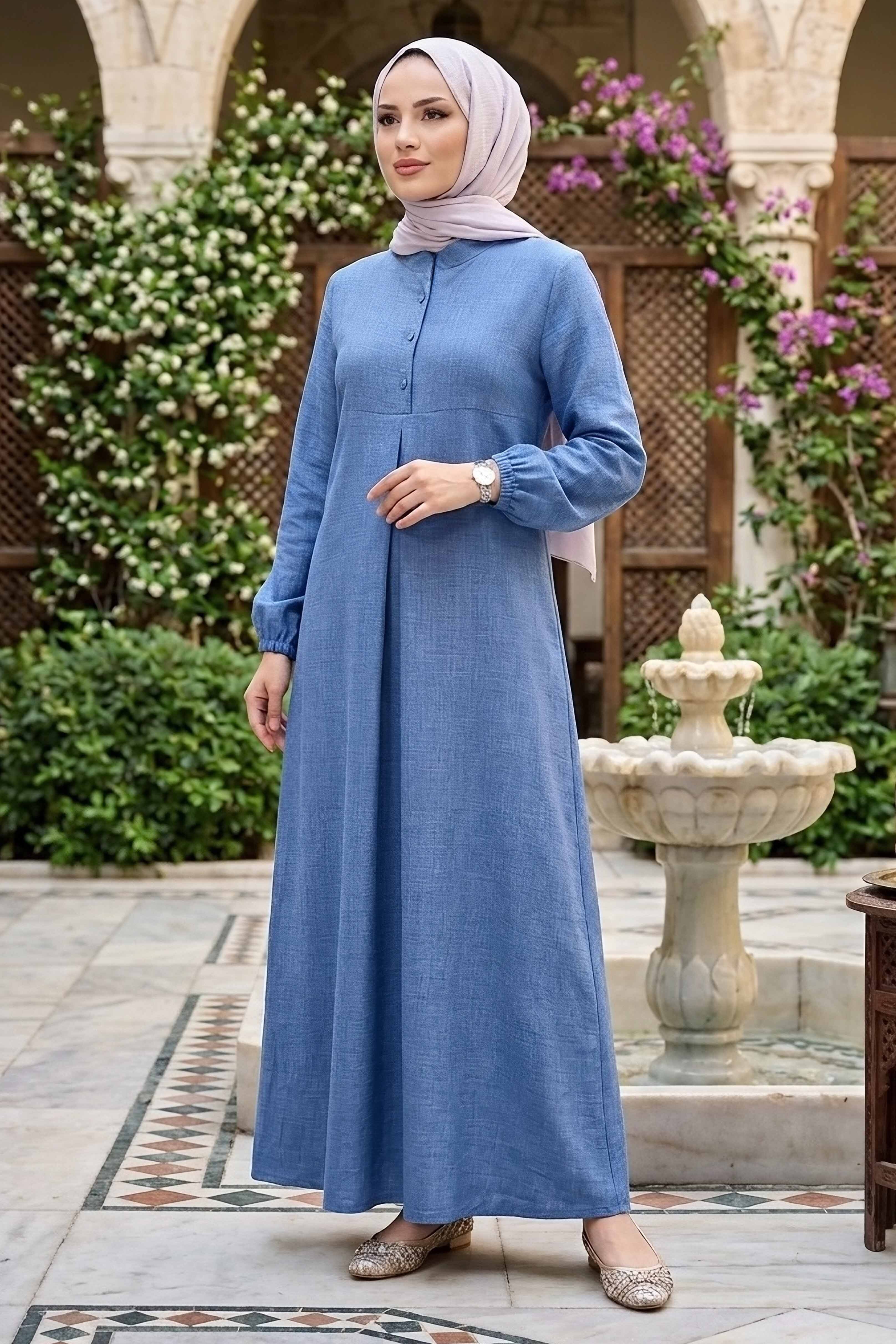 Önde Pile Detaylı Düğmeli Elbise - 1303-INDIGO - 1