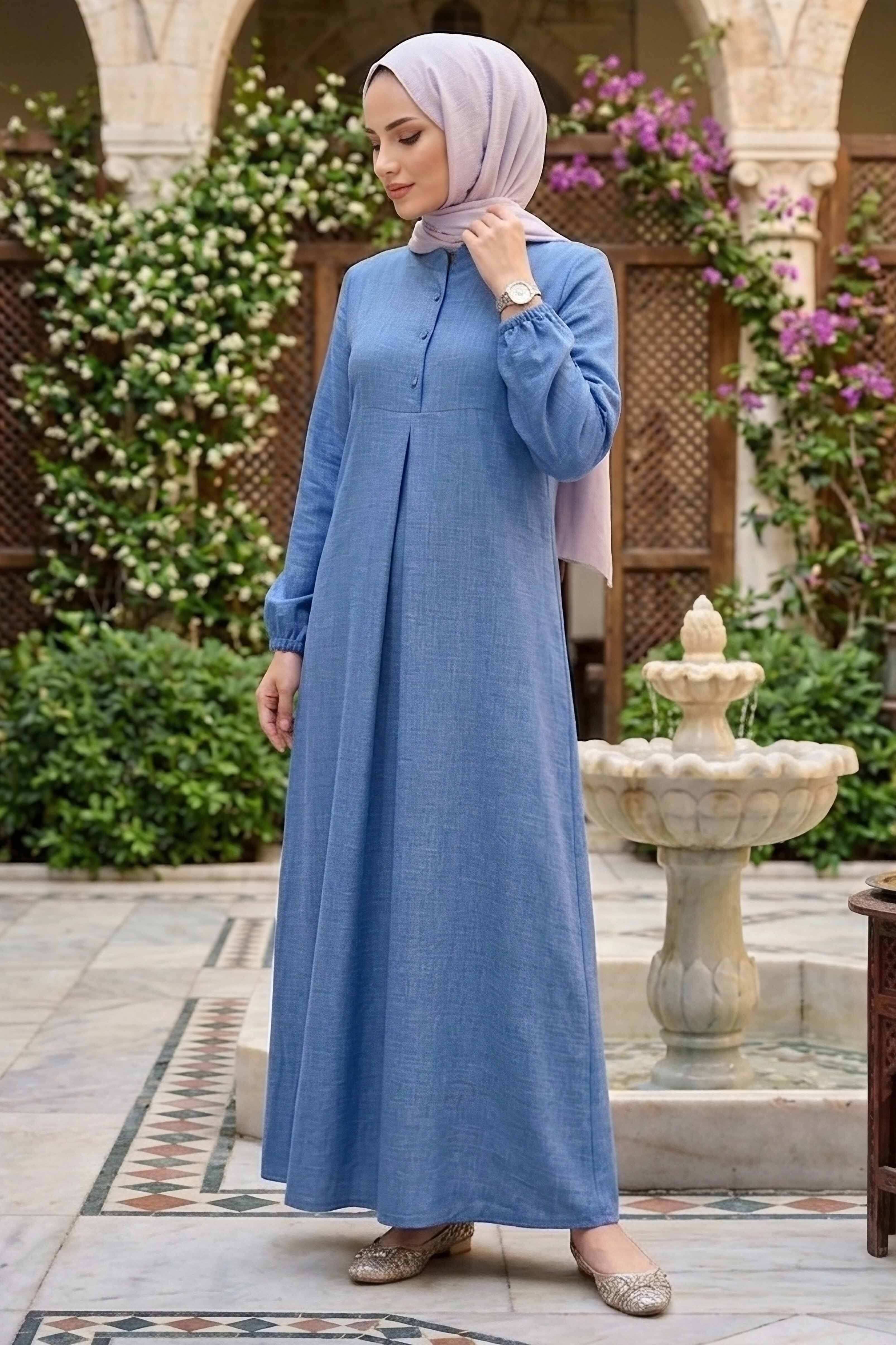 Önde Pile Detaylı Düğmeli Elbise - 1303-INDIGO - 2