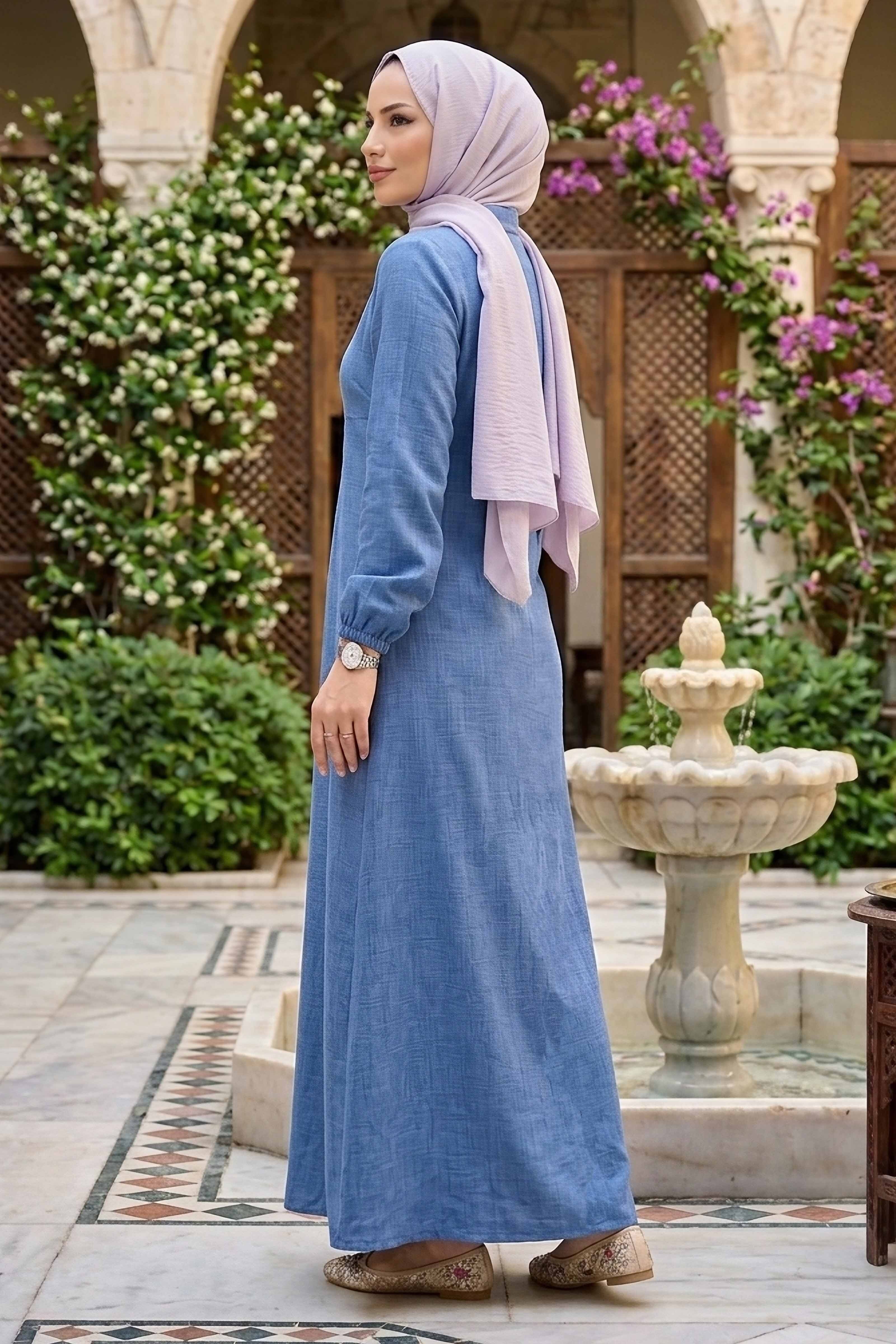 Önde Pile Detaylı Düğmeli Elbise - 1303-INDIGO - 3