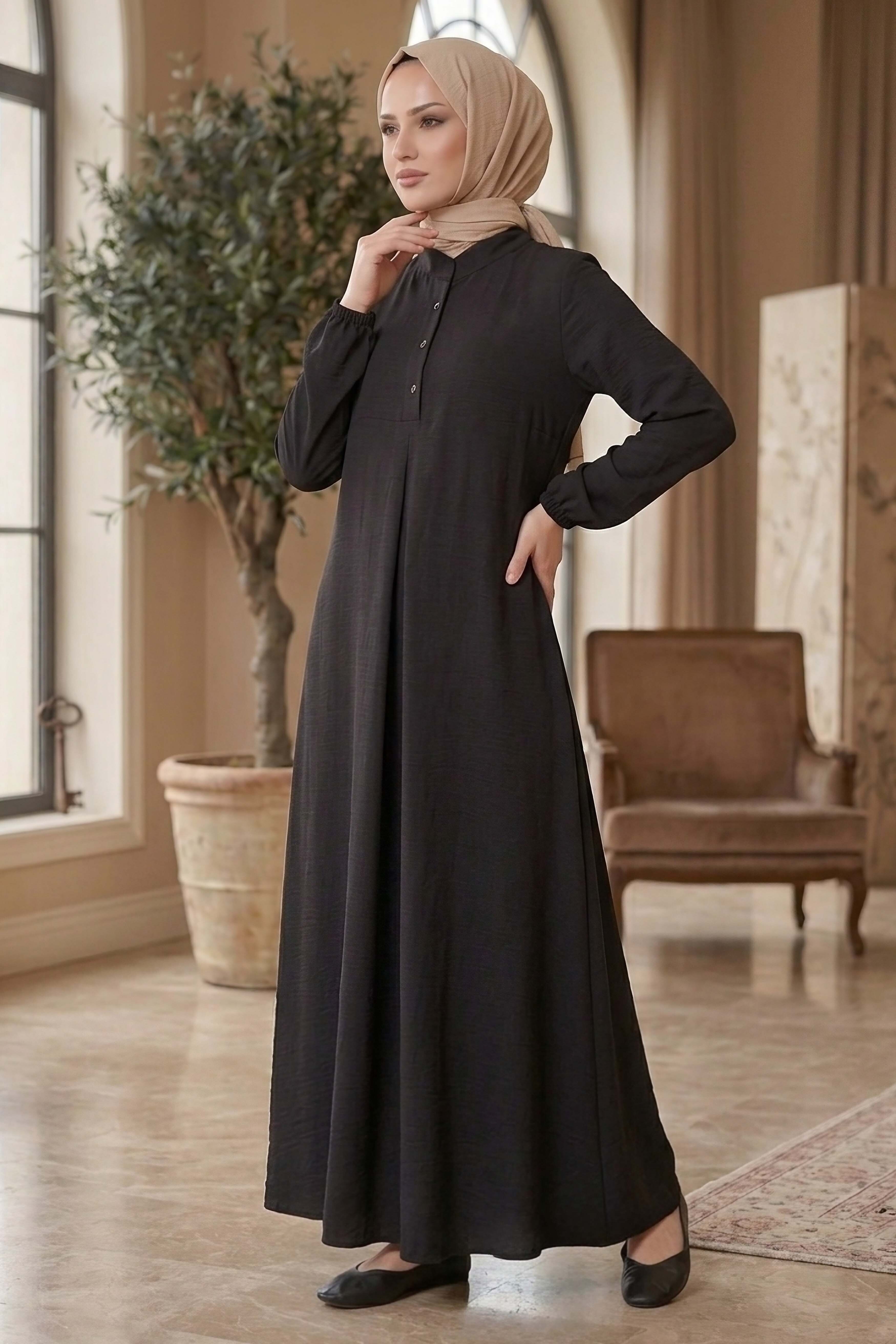 Önde Pile Detaylı Düğmeli Elbise - 1303-SIYAH - 1