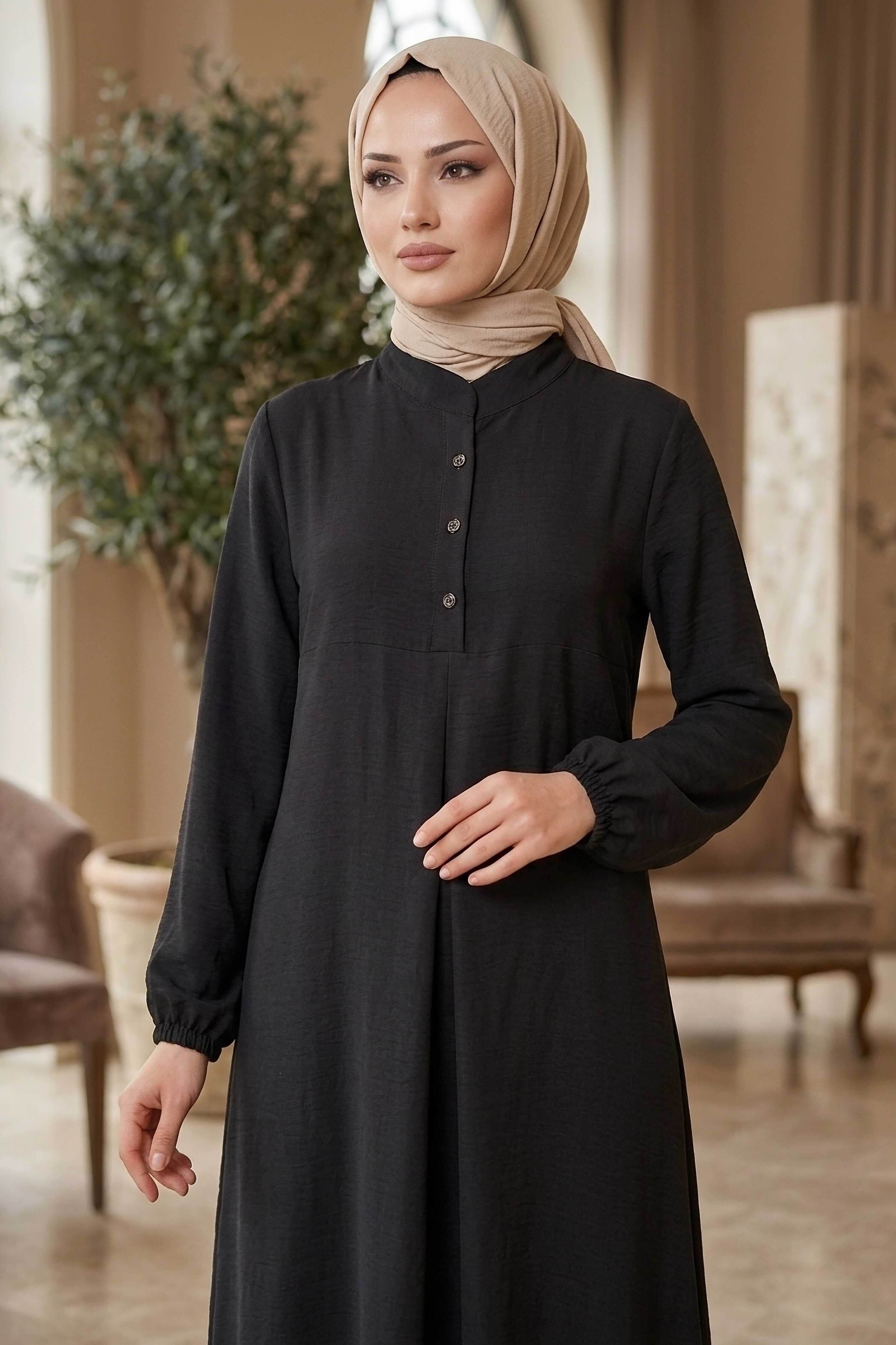 Önde Pile Detaylı Düğmeli Elbise - 1303-SIYAH - 2