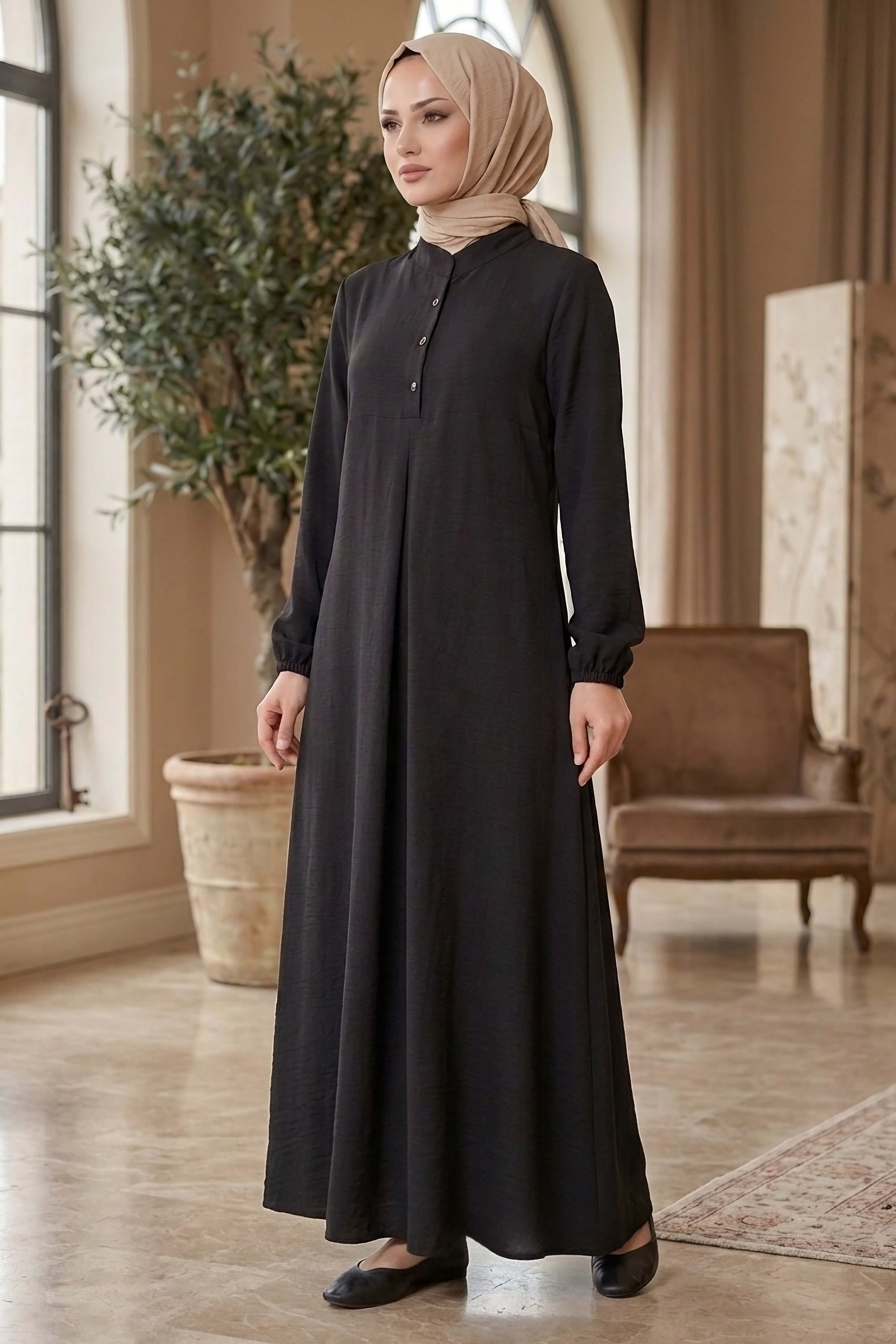 Önde Pile Detaylı Düğmeli Elbise - 1303-SIYAH - 3