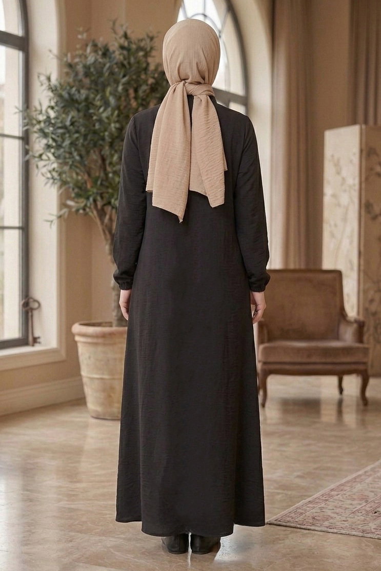 Önde Pile Detaylı Düğmeli Elbise - 1303-SIYAH - 4