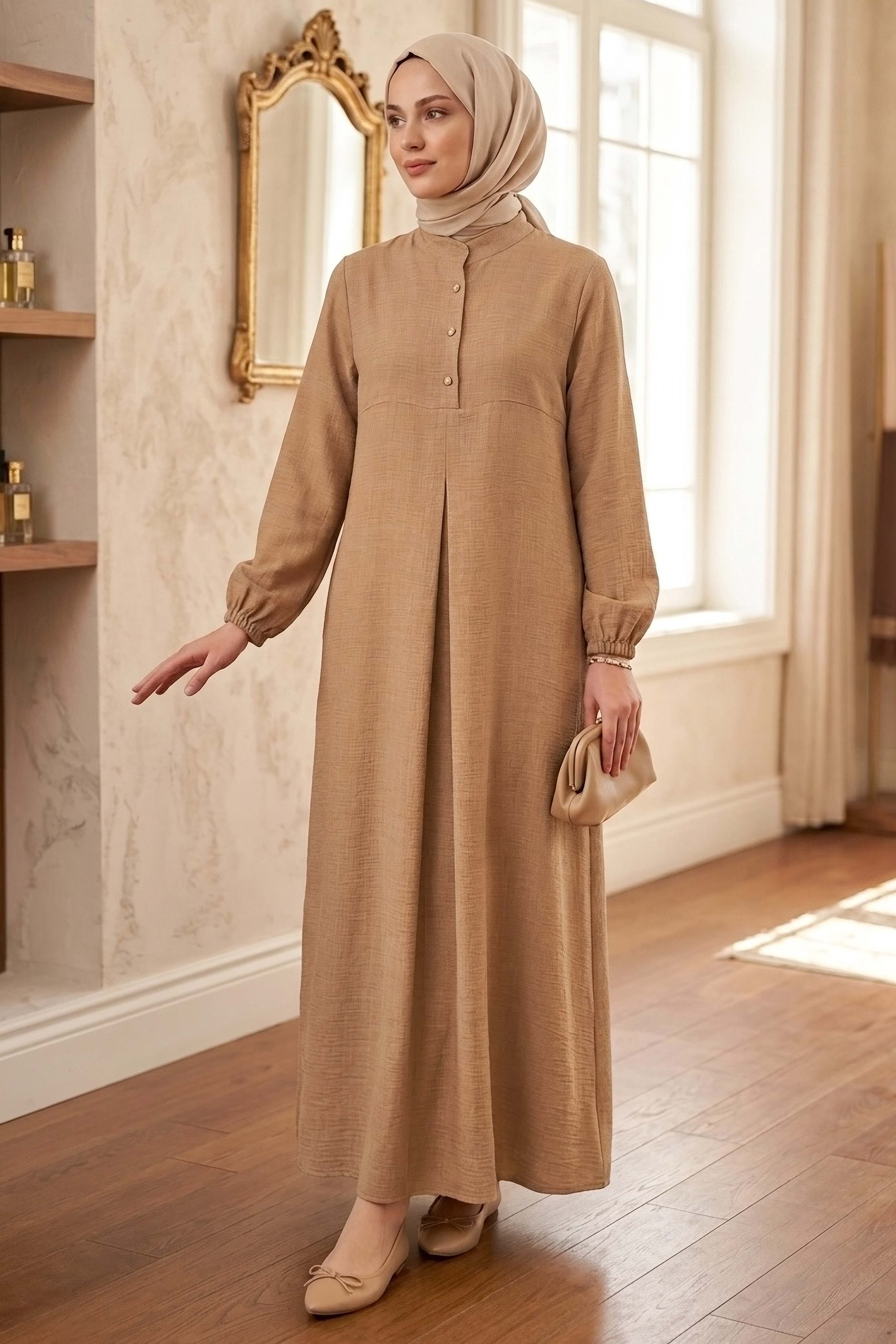 Önde Pile Detaylı Düğmeli Elbise - 1303-VIZON - 1