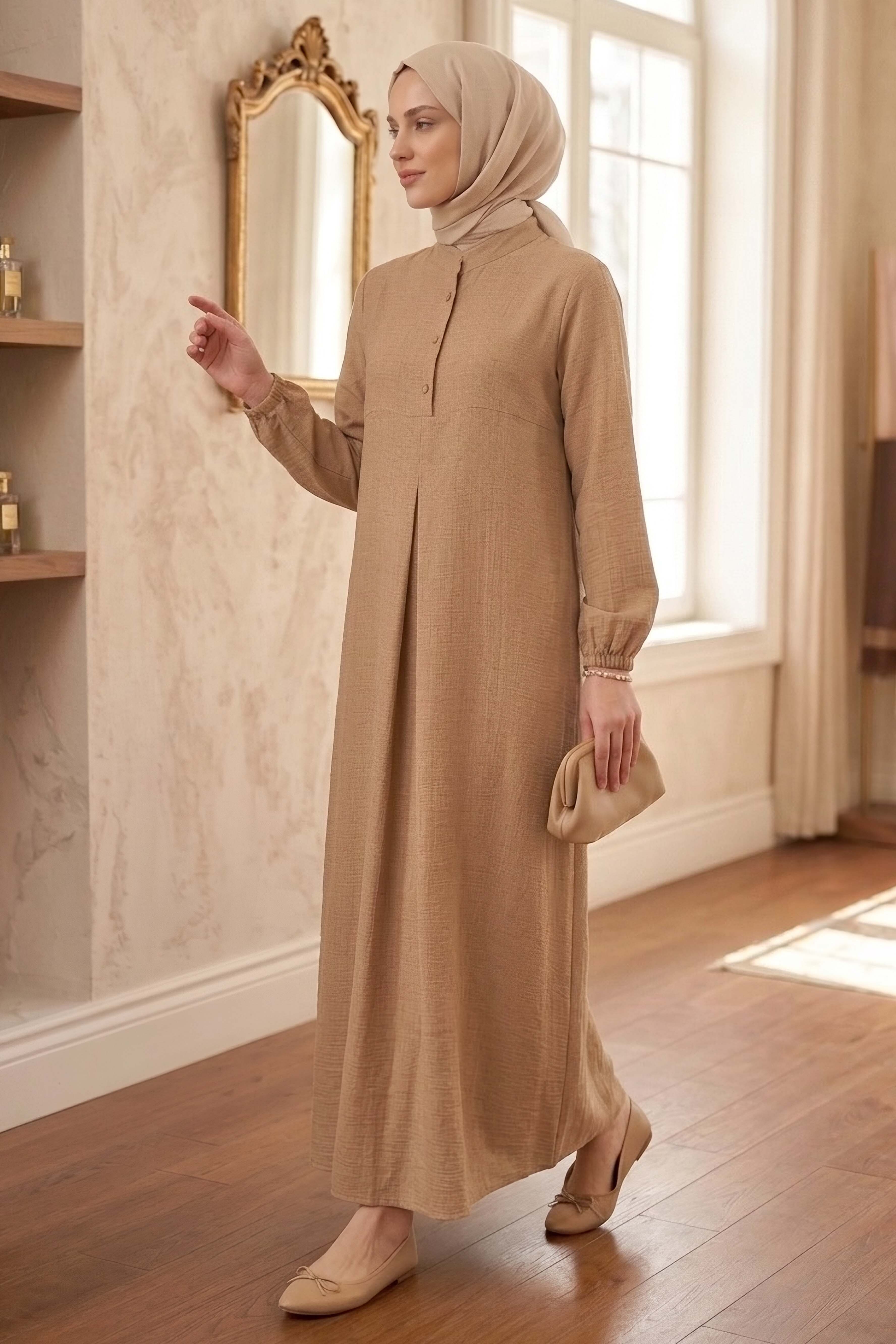 Önde Pile Detaylı Düğmeli Elbise - 1303-VIZON - 2