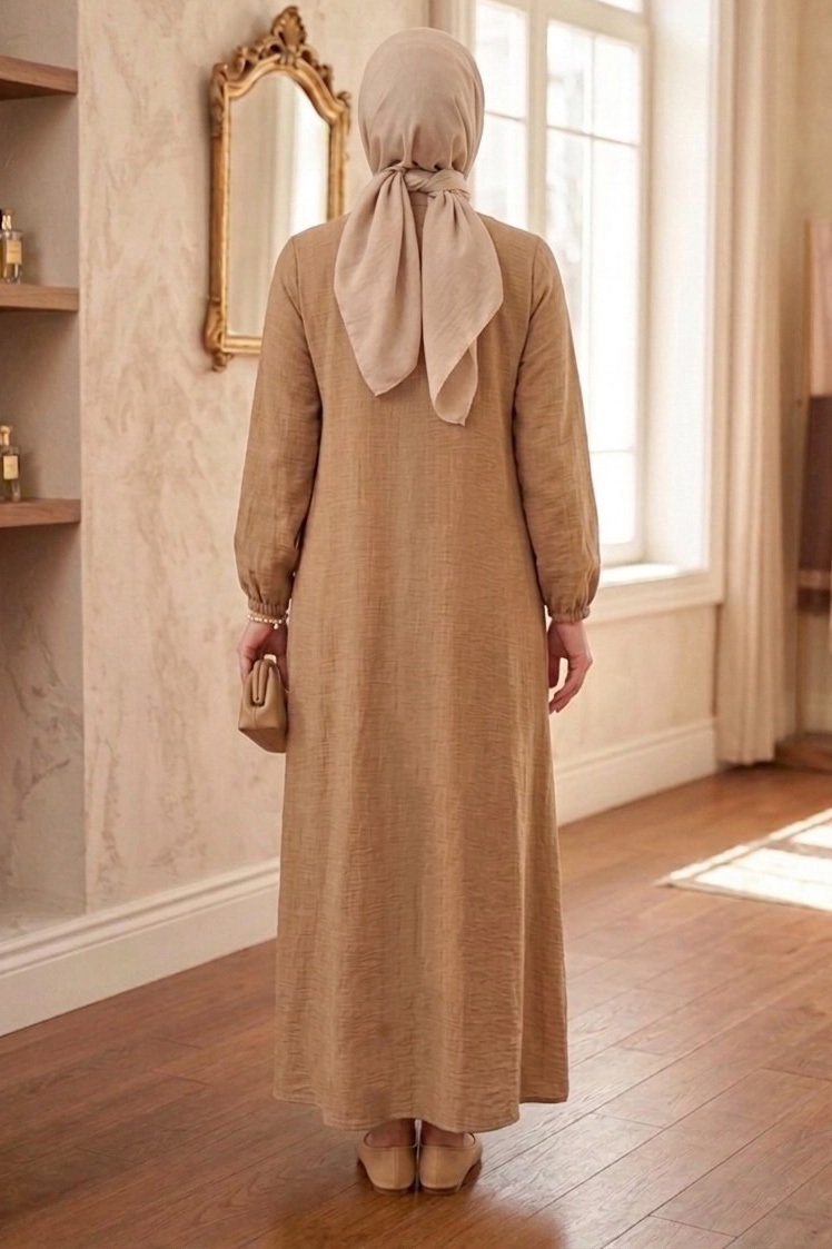 Önde Pile Detaylı Düğmeli Elbise - 1303-VIZON - 3