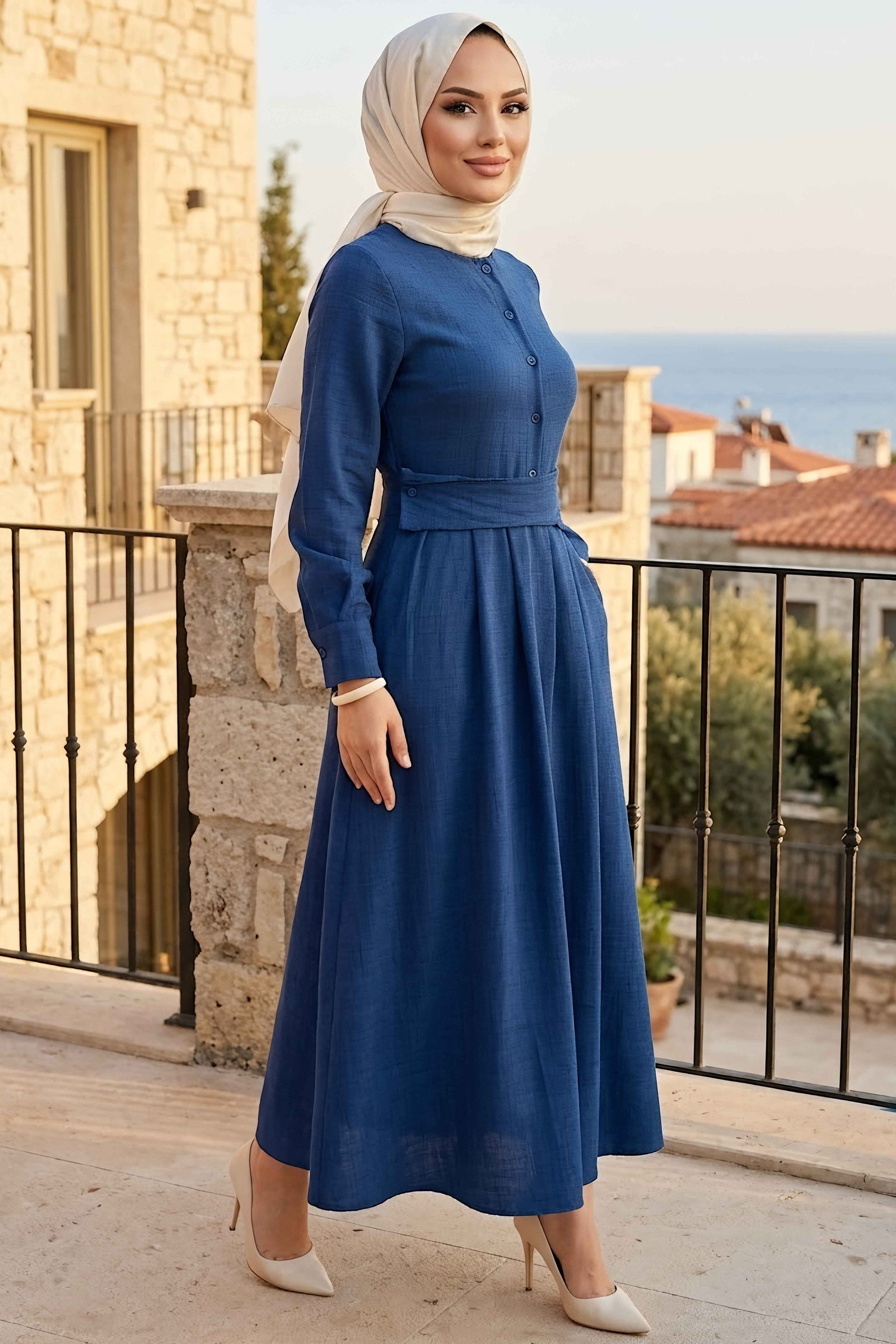 Önde Pile Detaylı Düğmeli Elbise Indigo - 1342-INDIGO - 2