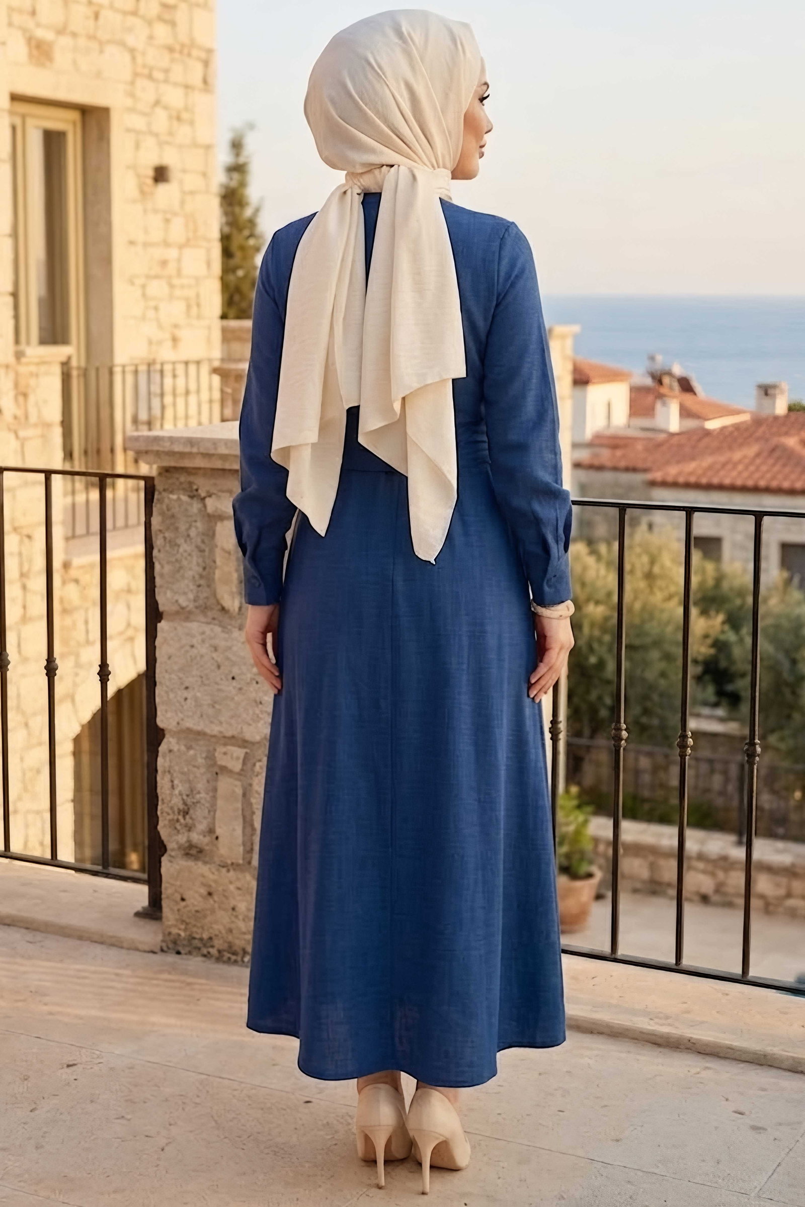 Önde Pile Detaylı Düğmeli Elbise Indigo - 1342-INDIGO - 3