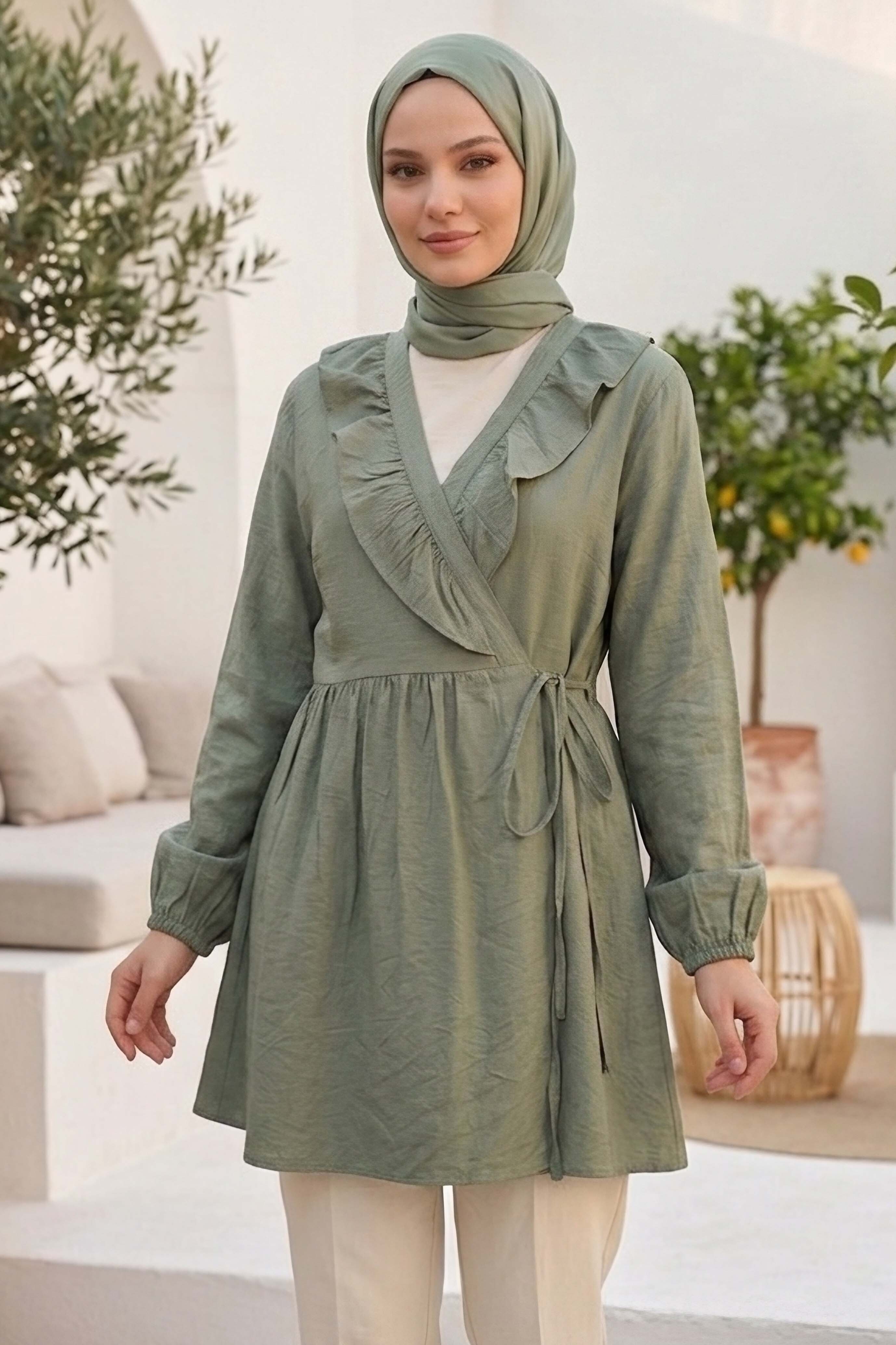 Önden Bağcıklı Fırfırlı Ceket - 28389-HAKI - 1