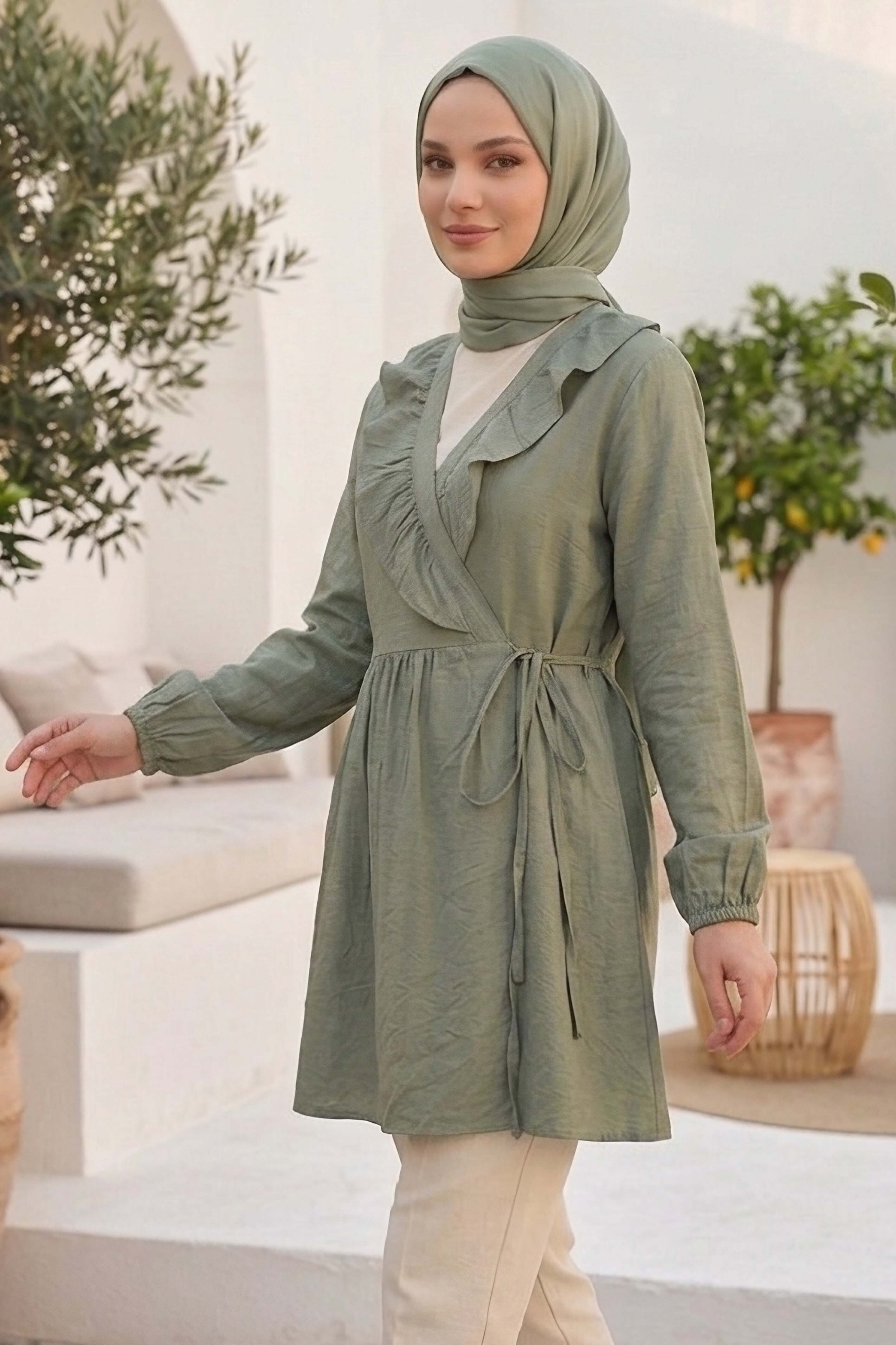 Önden Bağcıklı Fırfırlı Ceket - 28389-HAKI - 2