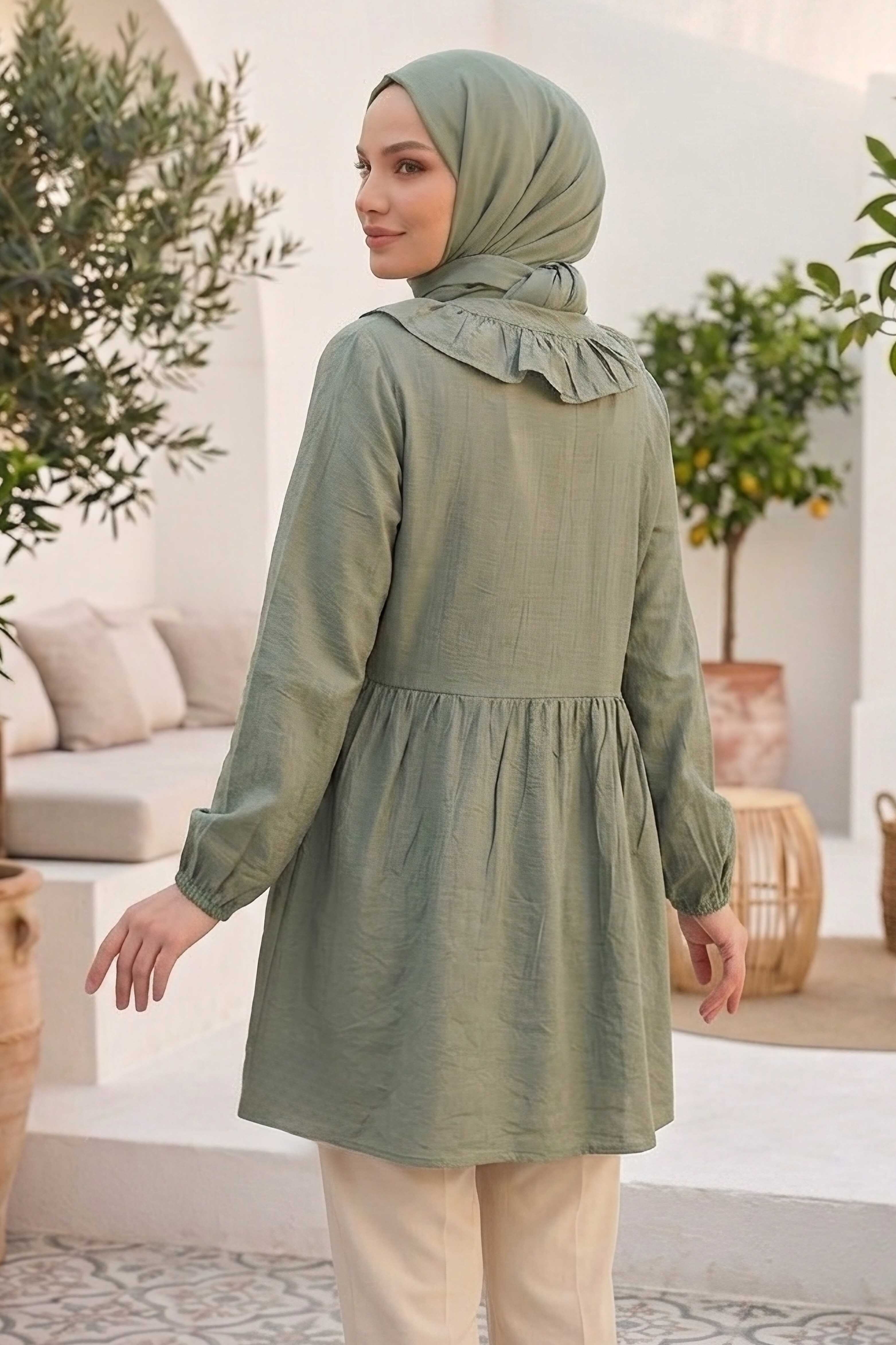 Önden Bağcıklı Fırfırlı Ceket - 28389-HAKI - 3