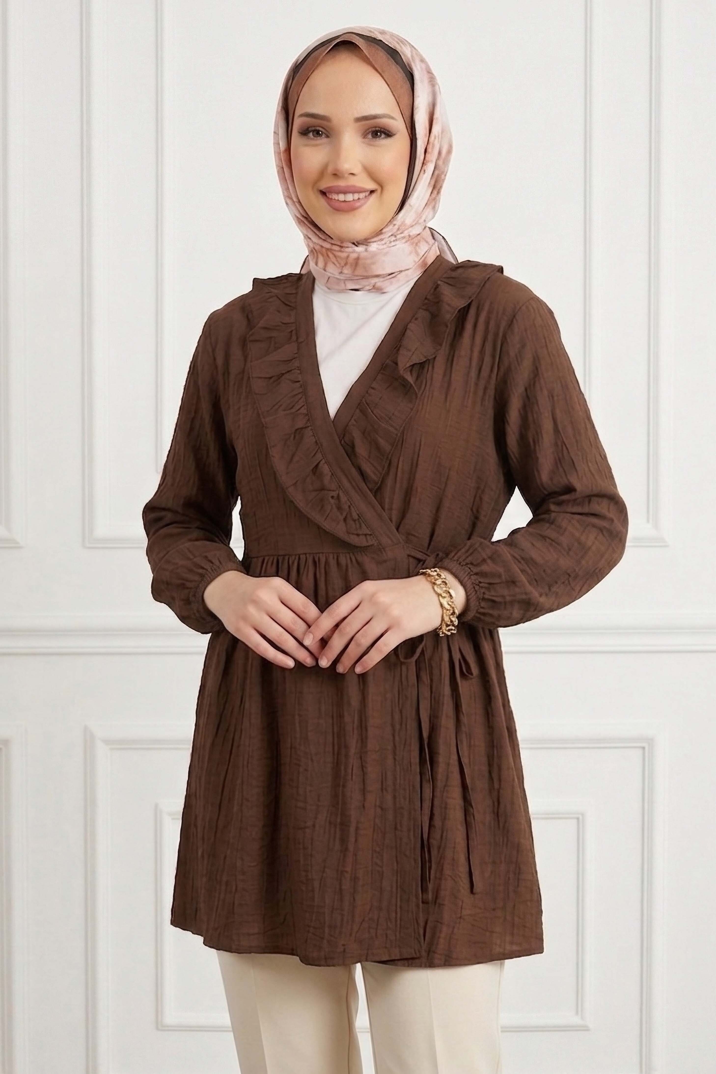 Önden Bağcıklı Fırfırlı Ceket - 28389-KAHVE - 2