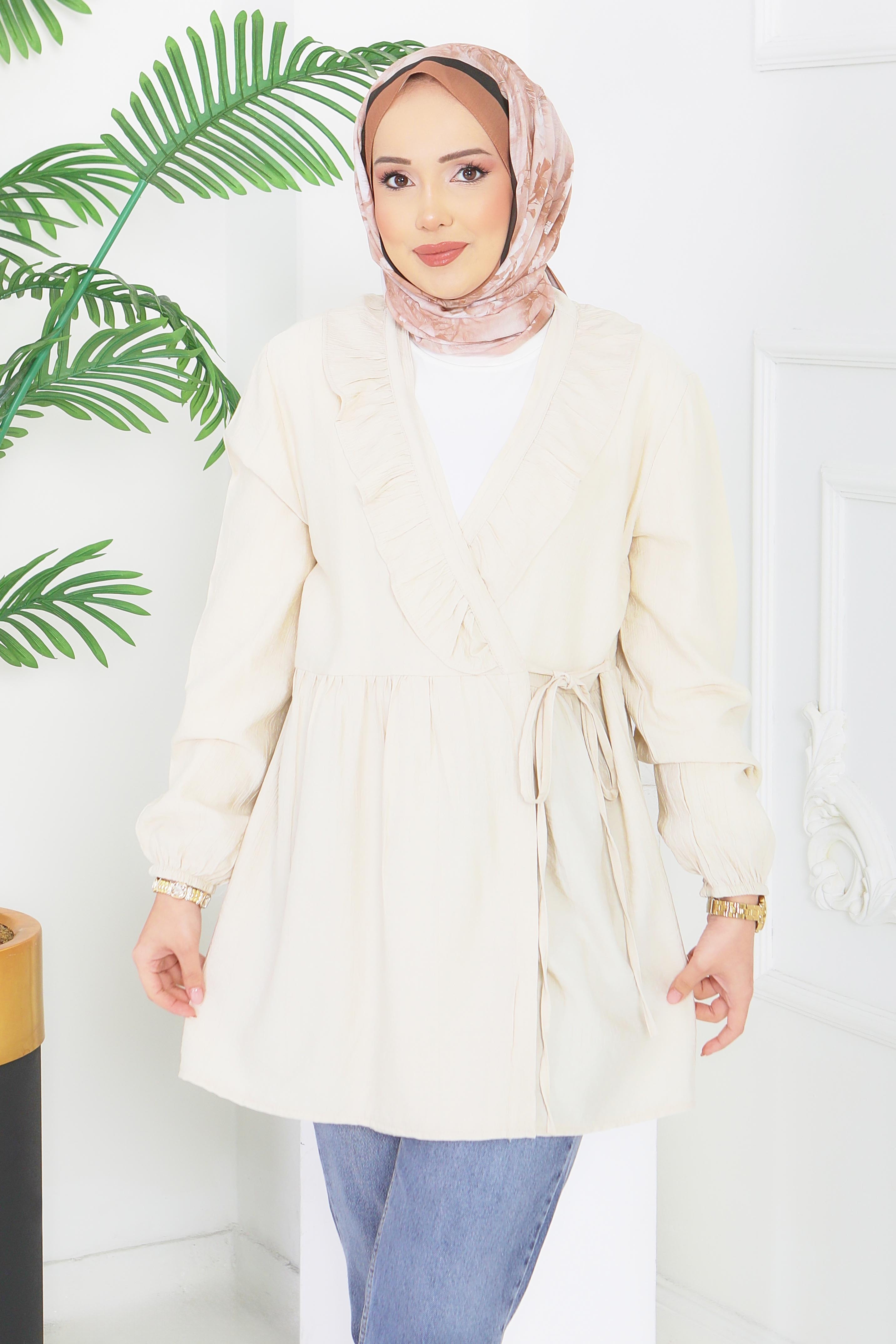 Önden Bağcıklı Fırfırlı Ceket - 28389-KREM - 1