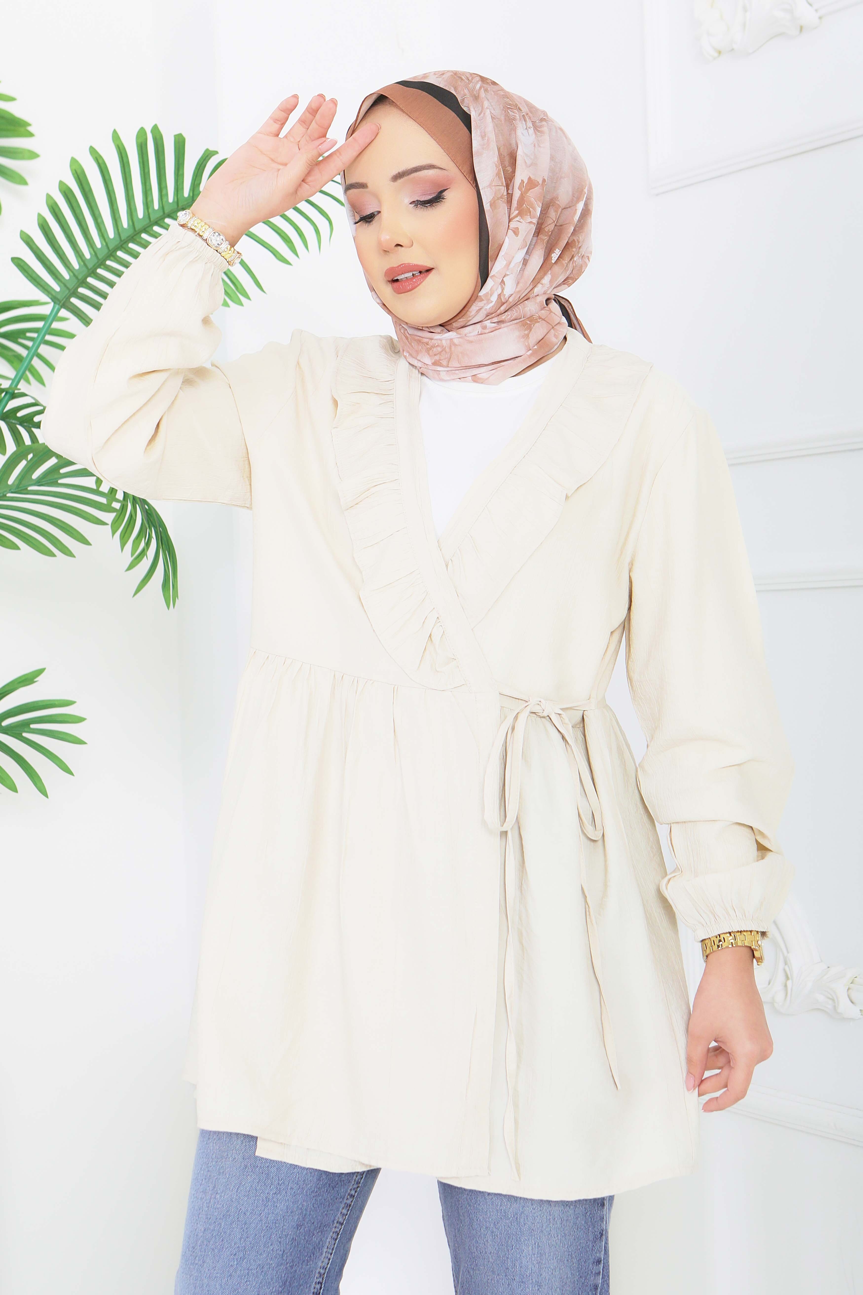 Önden Bağcıklı Fırfırlı Ceket - 28389-KREM - 2