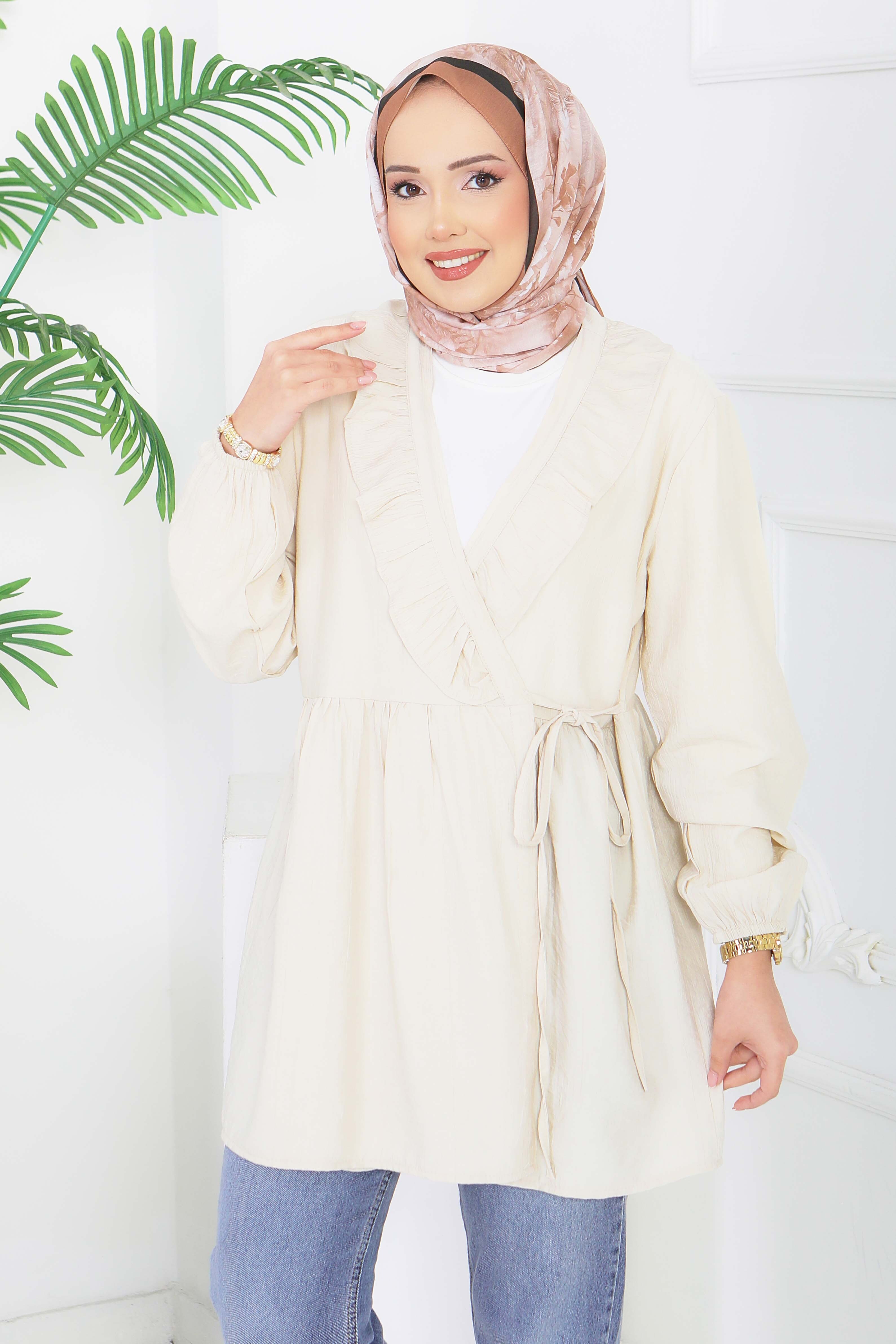 Önden Bağcıklı Fırfırlı Ceket - 28389-KREM - 3