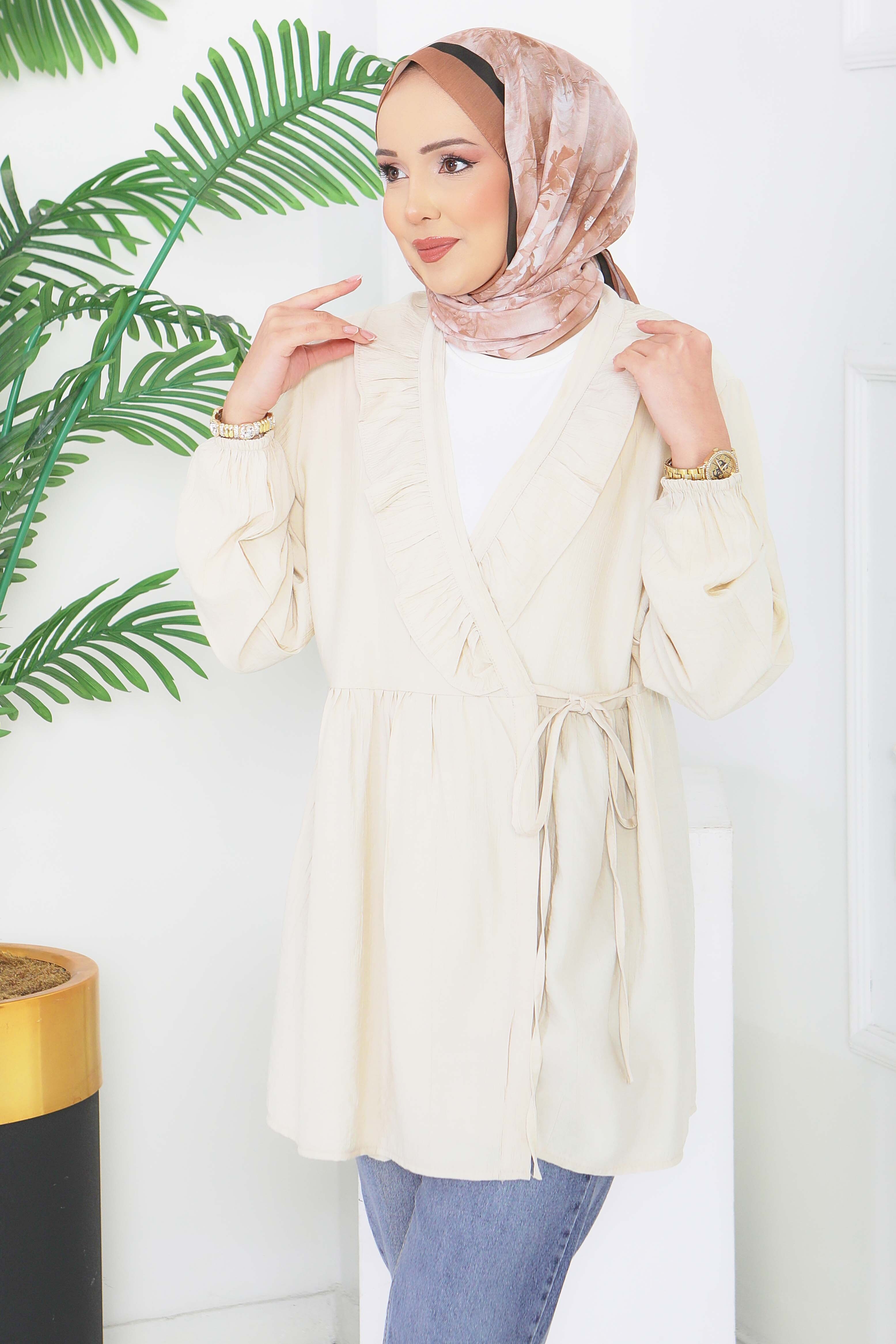 Önden Bağcıklı Fırfırlı Ceket - 28389-KREM - 4