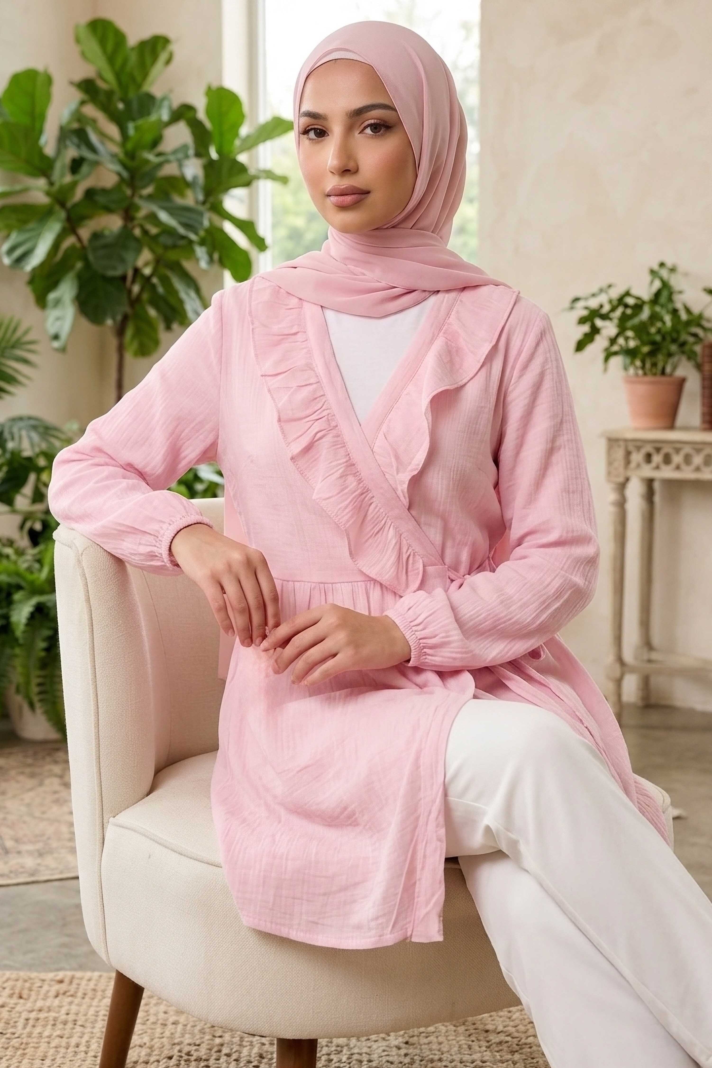 Önden Bağcıklı Fırfırlı Ceket - 28389-PEMBE - 1