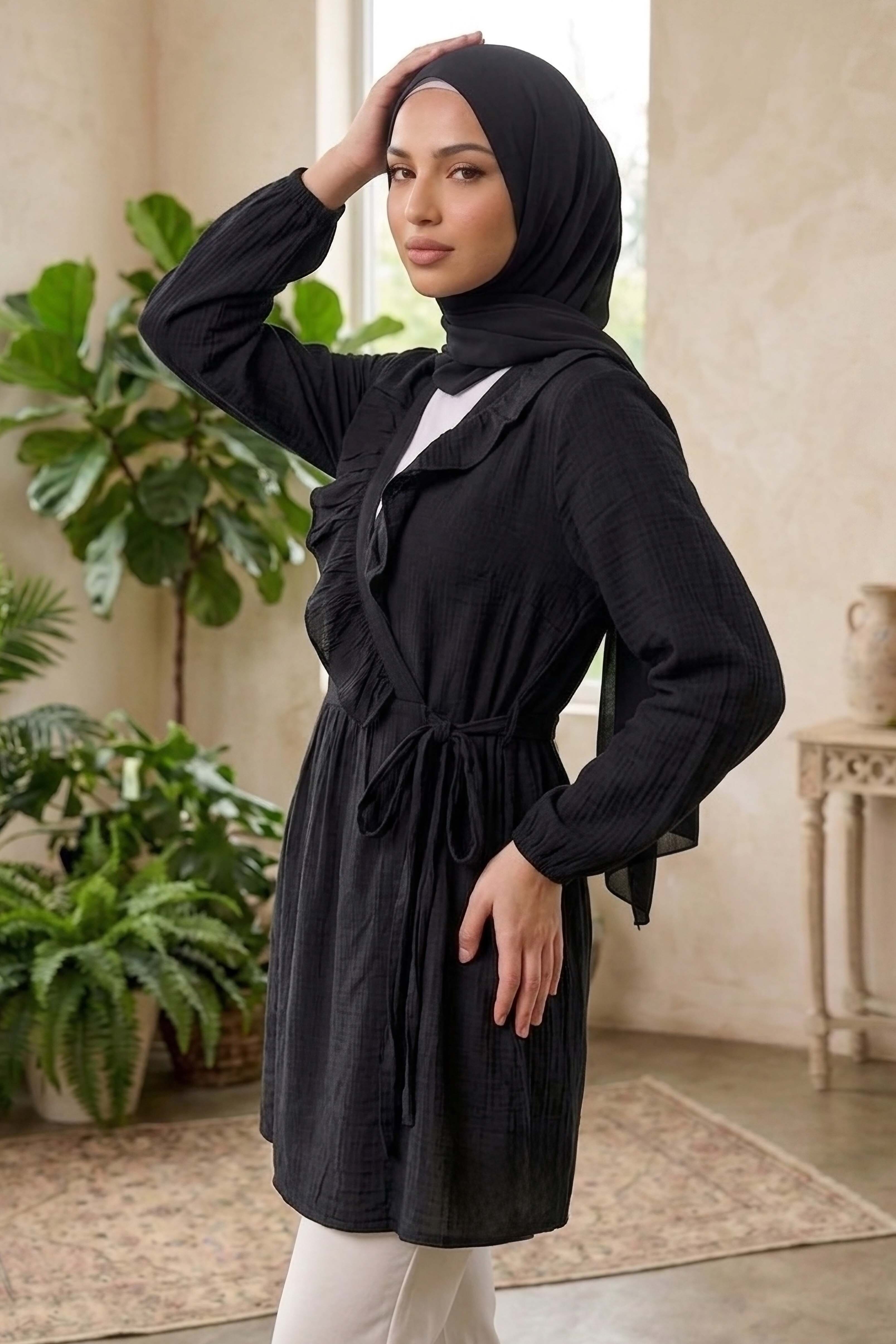 Önden Bağcıklı Fırfırlı Ceket - 28389-SIYAH - 2