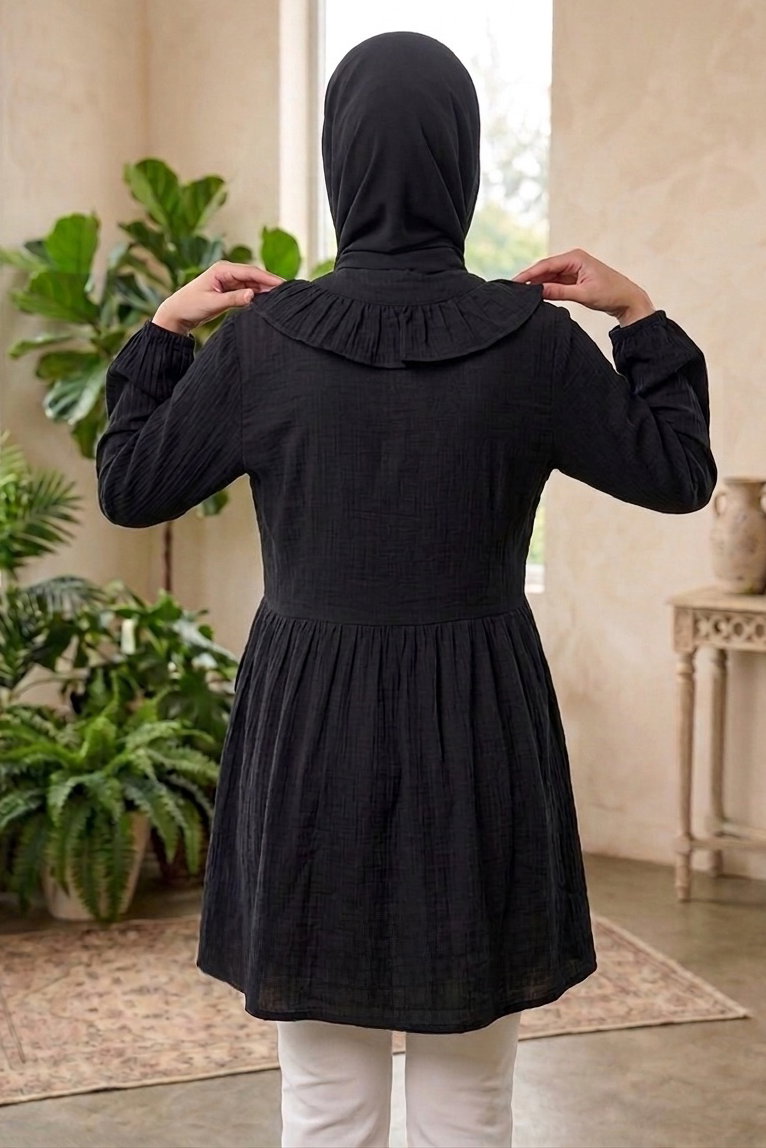 Önden Bağcıklı Fırfırlı Ceket - 28389-SIYAH - 3