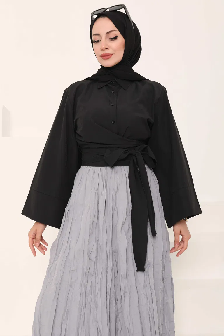 Önden Bağlamalı Gömlek Siyah - 27034 - TOFİSA