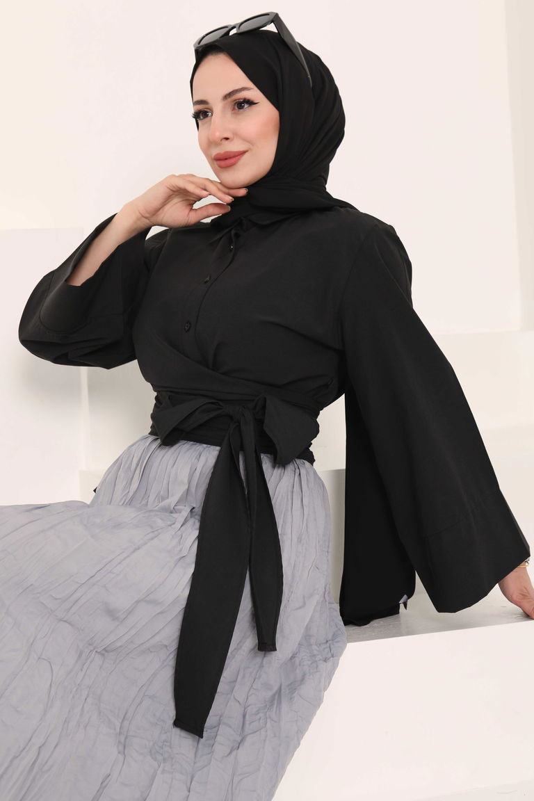 Önden Bağlamalı Gömlek Siyah - 27034 - TOFİSA
