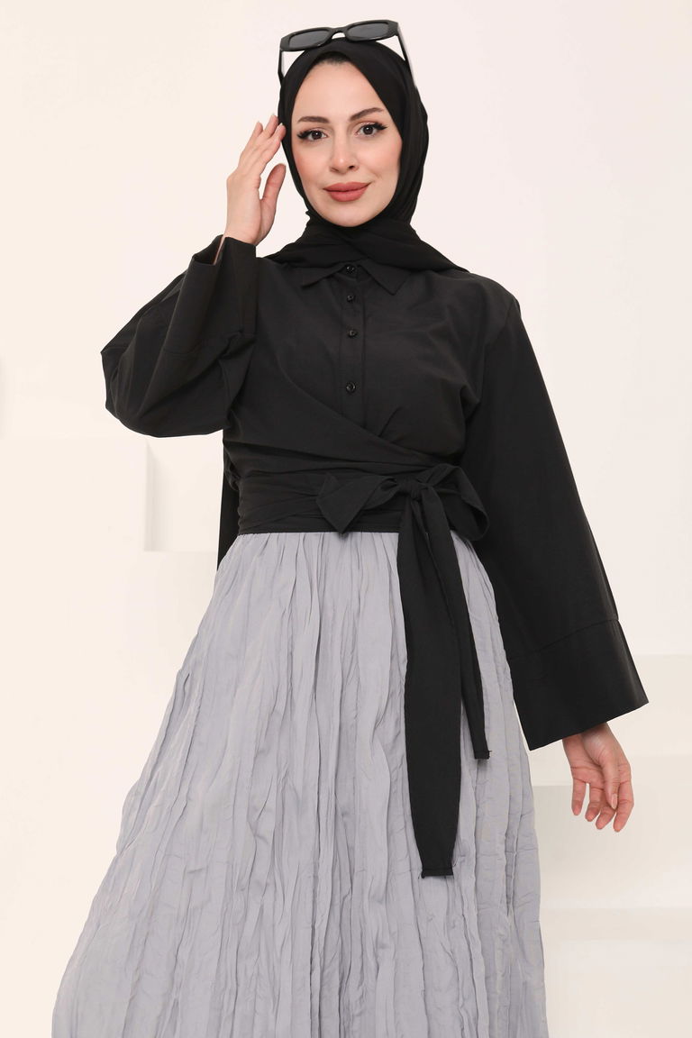 Önden Bağlamalı Gömlek Siyah - 27034 - TOFİSA