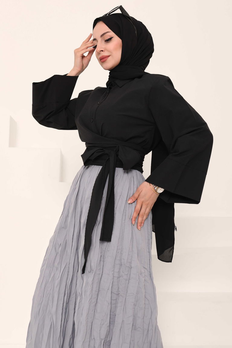 Önden Bağlamalı Gömlek Siyah - 27034 - TOFİSA