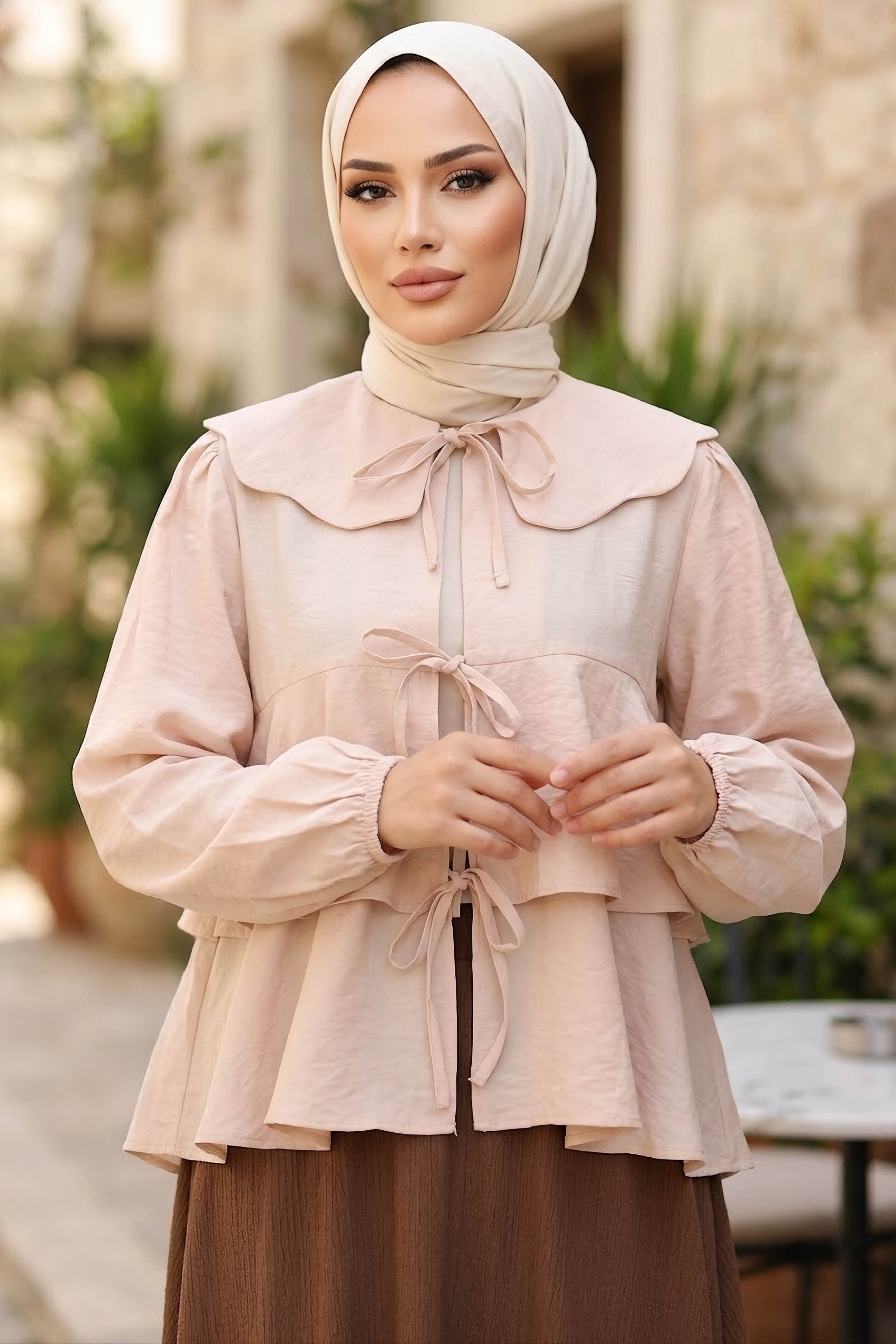 Önü Bağlamalı Gömlek Bej - 28936-BEJ - 1