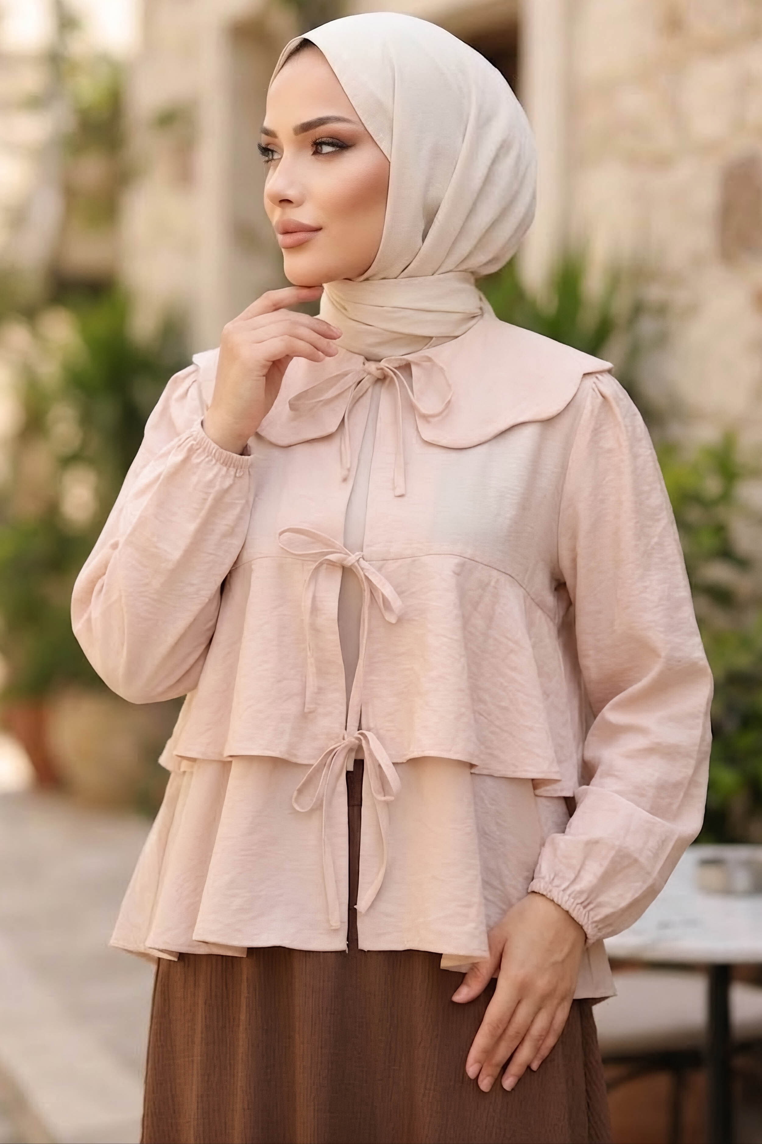 Önü Bağlamalı Gömlek Bej - 28936-BEJ - 2