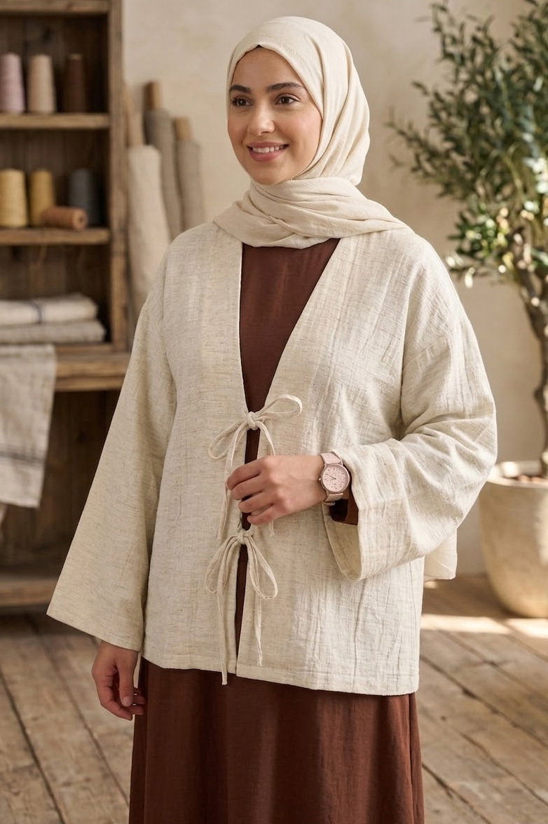 Önü Bağlamalı Kimono Krem - 28486-KREM - 1