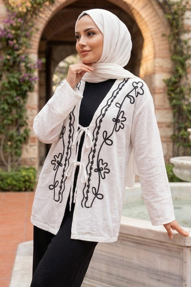 Önü Bağlamalı Nakışlı Kimono Beyaz - 28487-BEYAZ - 1
