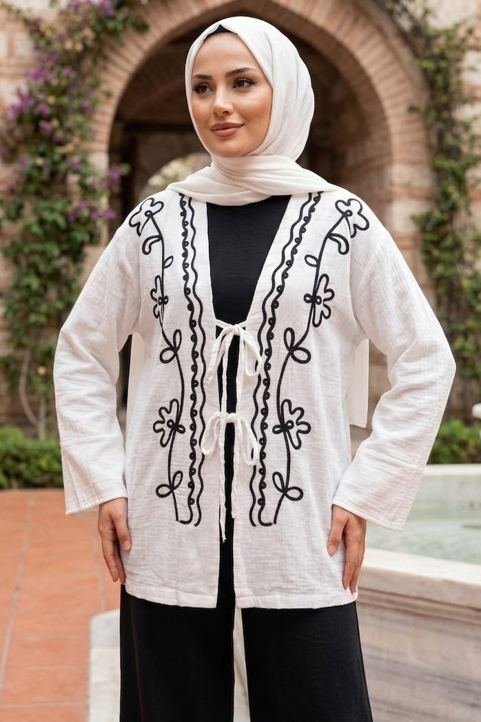 Önü Bağlamalı Nakışlı Kimono Beyaz - 28487-BEYAZ - 2