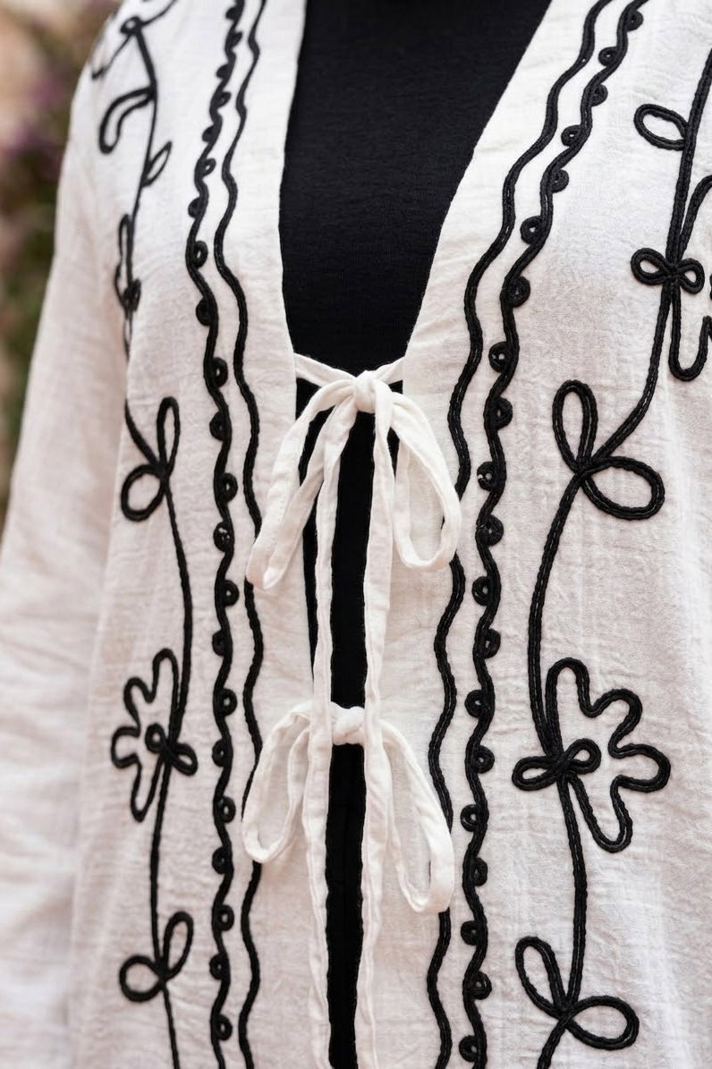 Önü Bağlamalı Nakışlı Kimono Beyaz - 28487-BEYAZ - 3