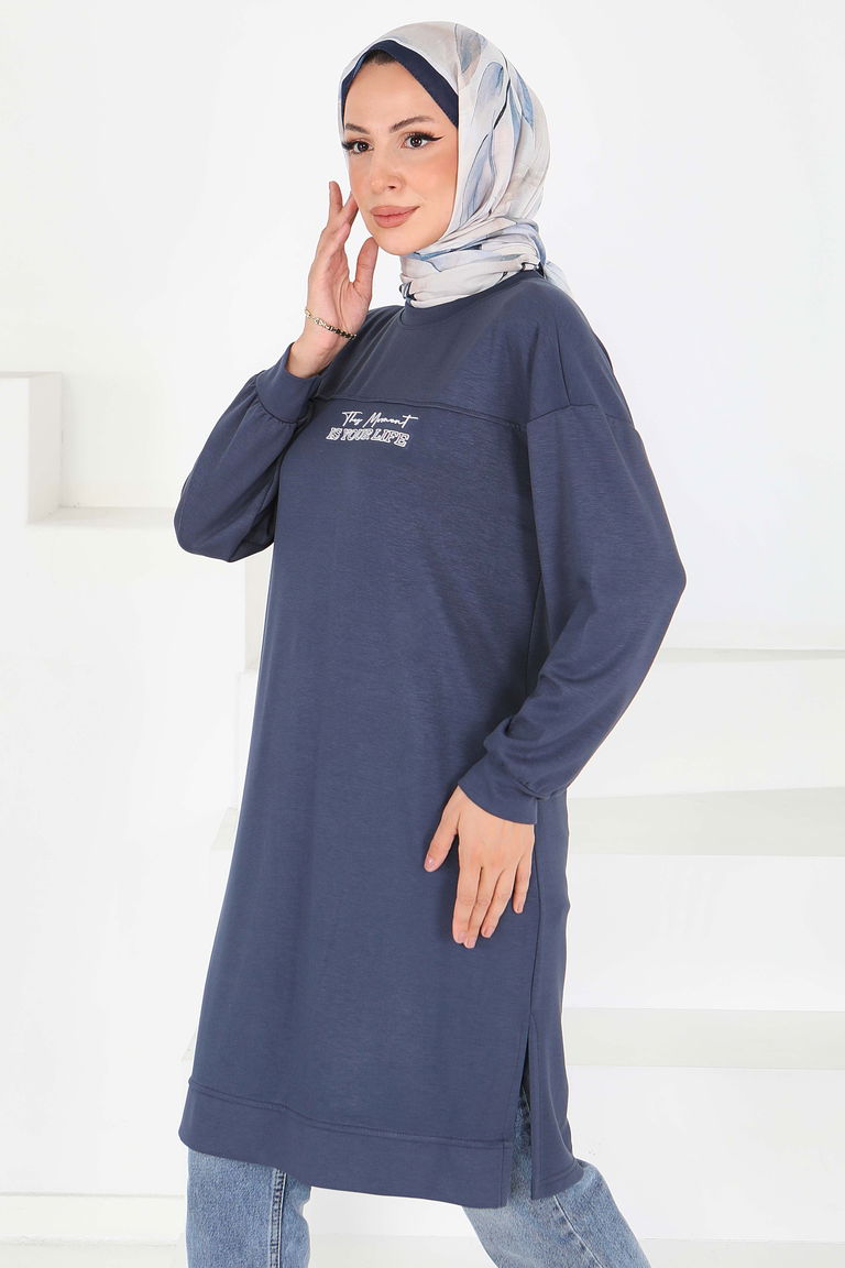 Önü Baskılı Yırtmaçlı Modal Tunik - 27704-ANTRASIT - TOFİSA