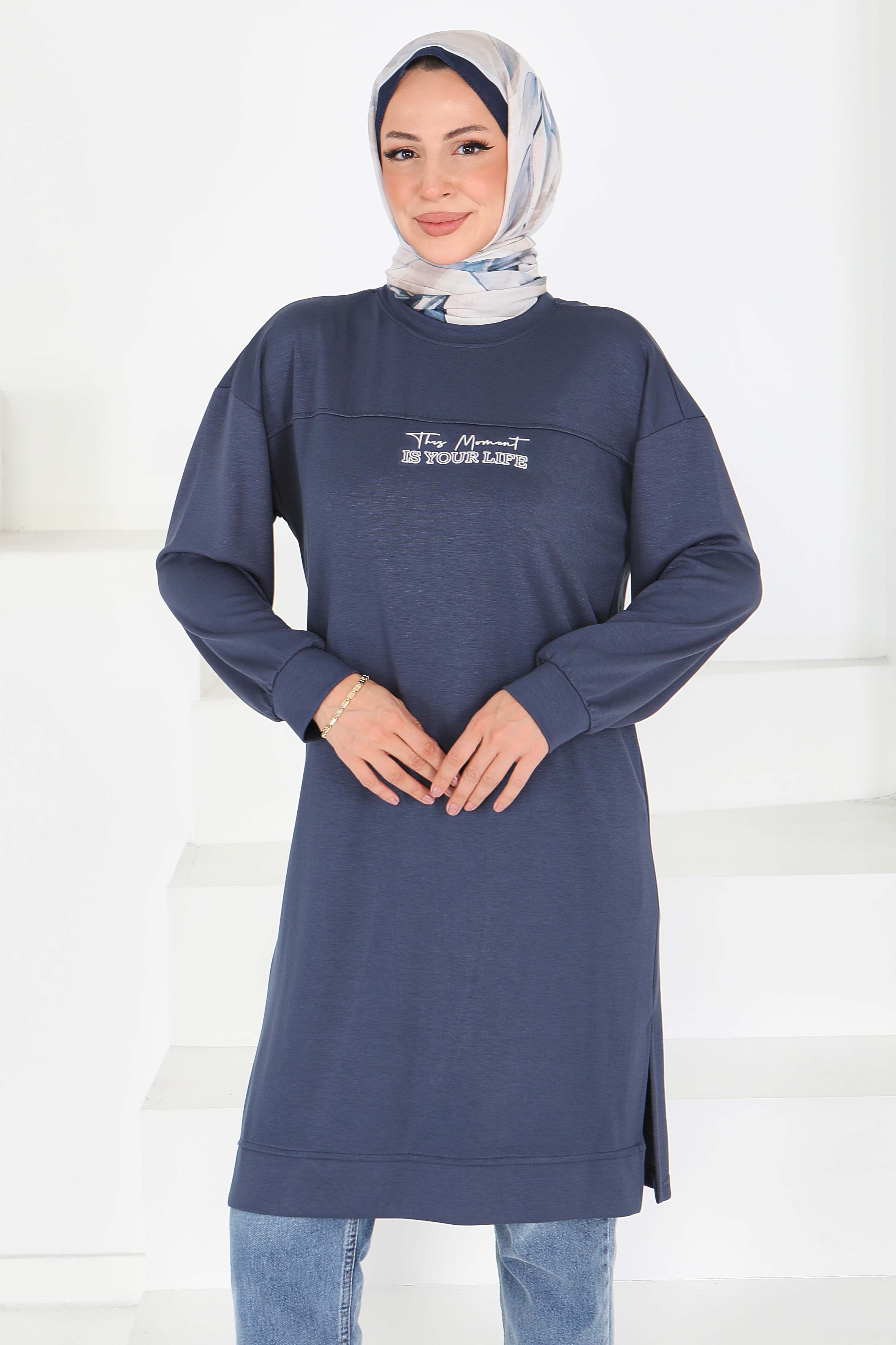 Önü Baskılı Yırtmaçlı Modal Tunik - 27704-ANTRASIT - 3
