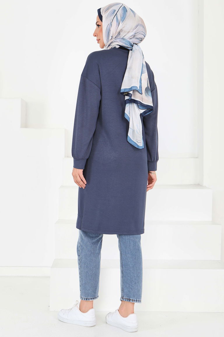 Önü Baskılı Yırtmaçlı Modal Tunik - 27704-ANTRASIT - TOFİSA