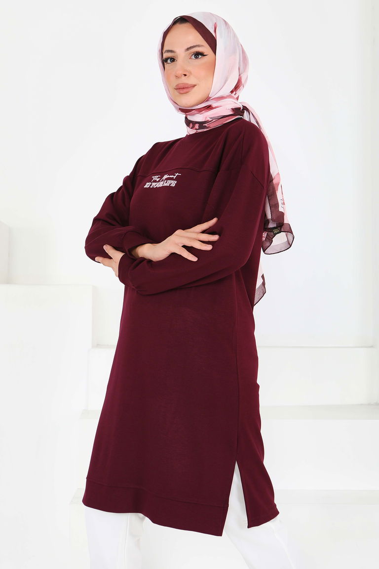 Önü Baskılı Yırtmaçlı Modal Tunik - 27704-BORDO - TOFİSA