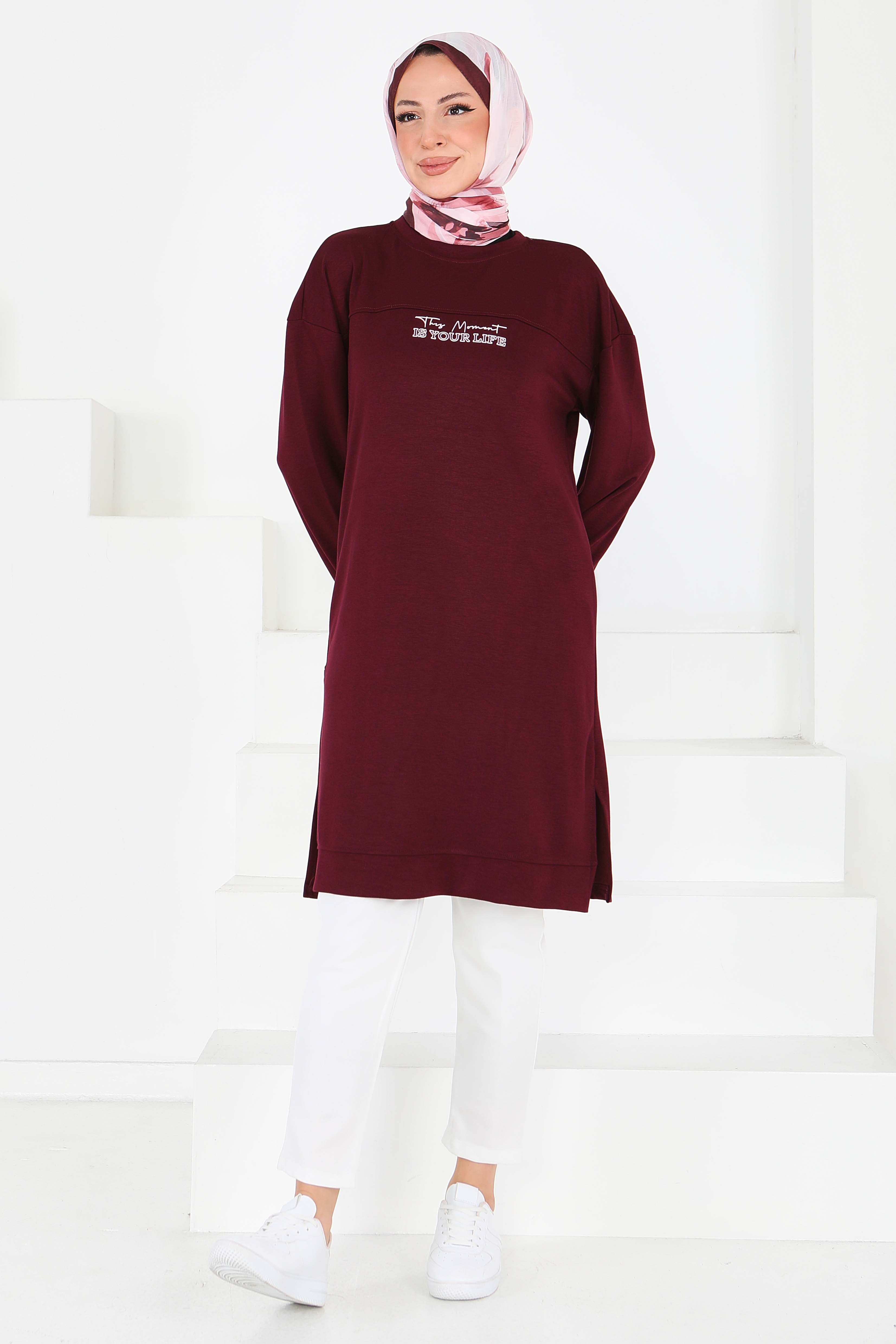 Önü Baskılı Yırtmaçlı Modal Tunik - 27704-BORDO - 2